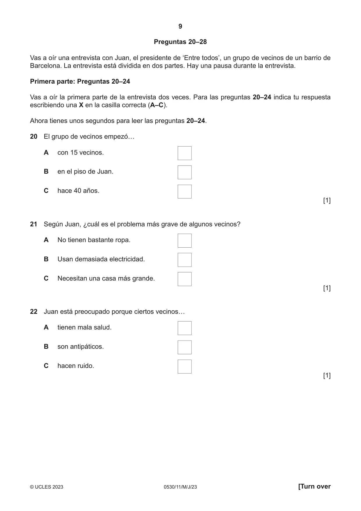 Cambridge IGCSE Spanish - Foreign Language 0530 2023 May/June Paper 1 · Variant 1 question paper, page 9 of 16