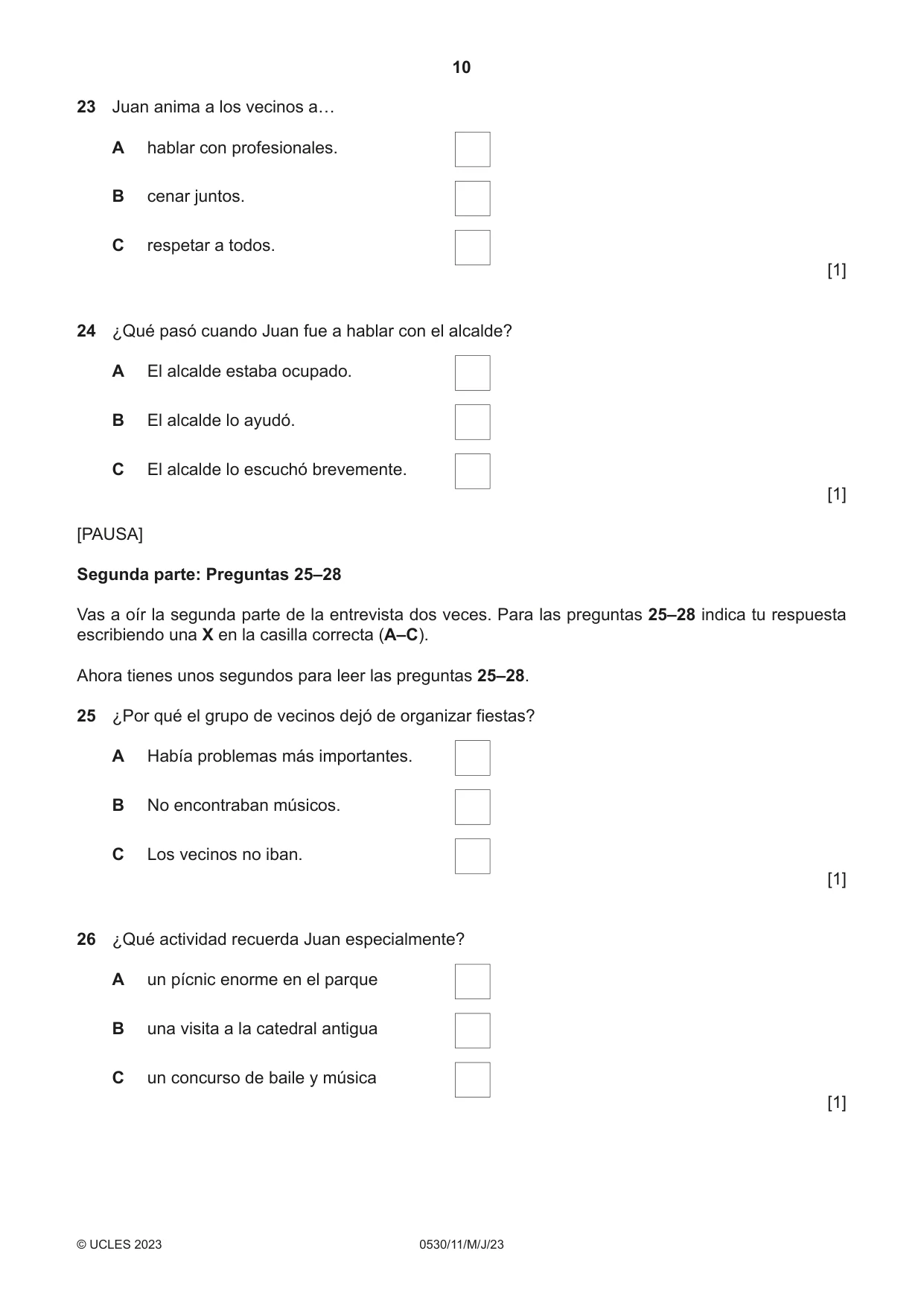 Cambridge IGCSE Spanish - Foreign Language 0530 2023 May/June Paper 1 · Variant 1 question paper, page 10 of 16