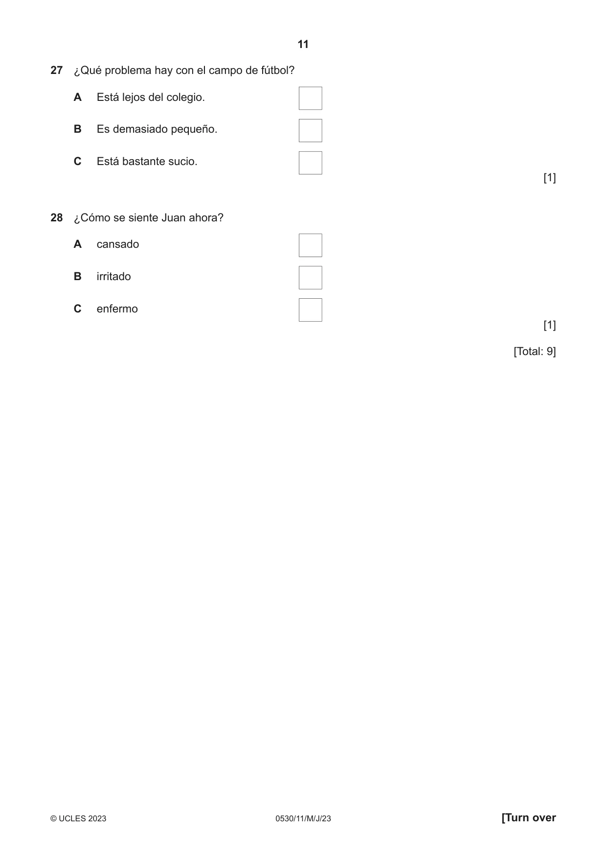 Cambridge IGCSE Spanish - Foreign Language 0530 2023 May/June Paper 1 · Variant 1 question paper, page 11 of 16