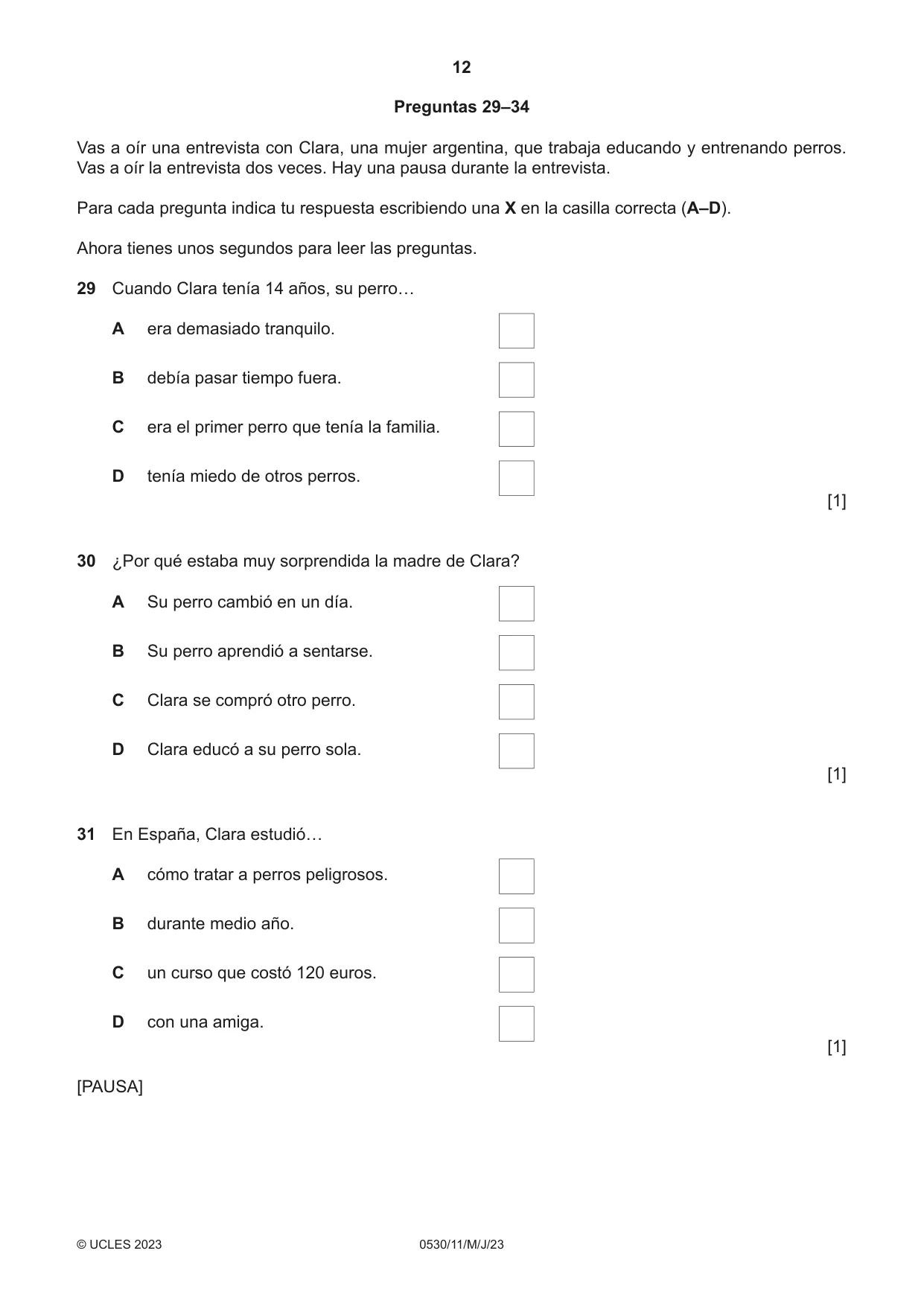 Cambridge IGCSE Spanish - Foreign Language 0530 2023 May/June Paper 1 · Variant 1 question paper, page 12 of 16