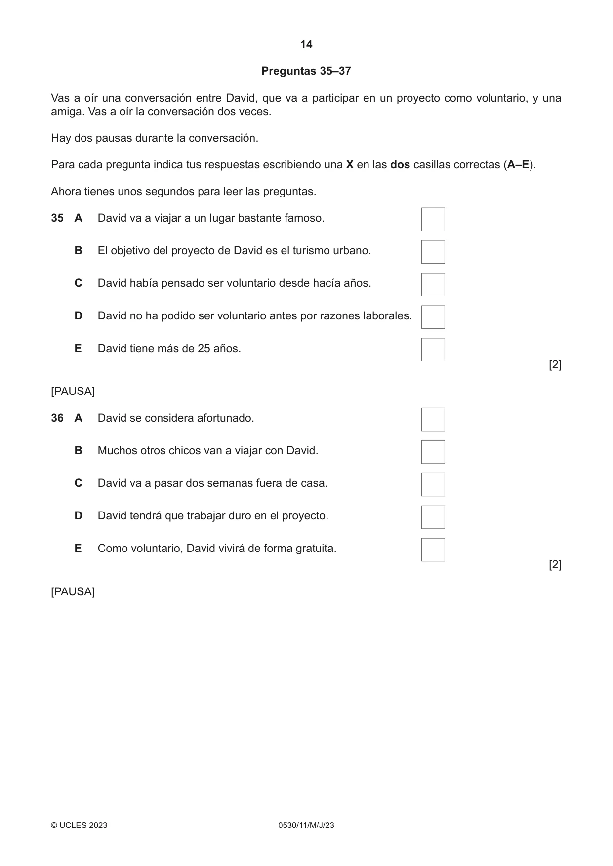 Cambridge IGCSE Spanish - Foreign Language 0530 2023 May/June Paper 1 · Variant 1 question paper, page 14 of 16