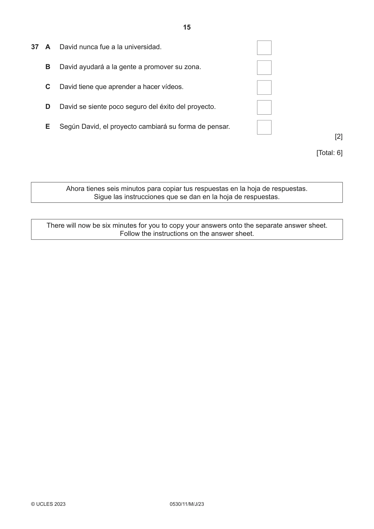 Cambridge IGCSE Spanish - Foreign Language 0530 2023 May/June Paper 1 · Variant 1 question paper, page 15 of 16