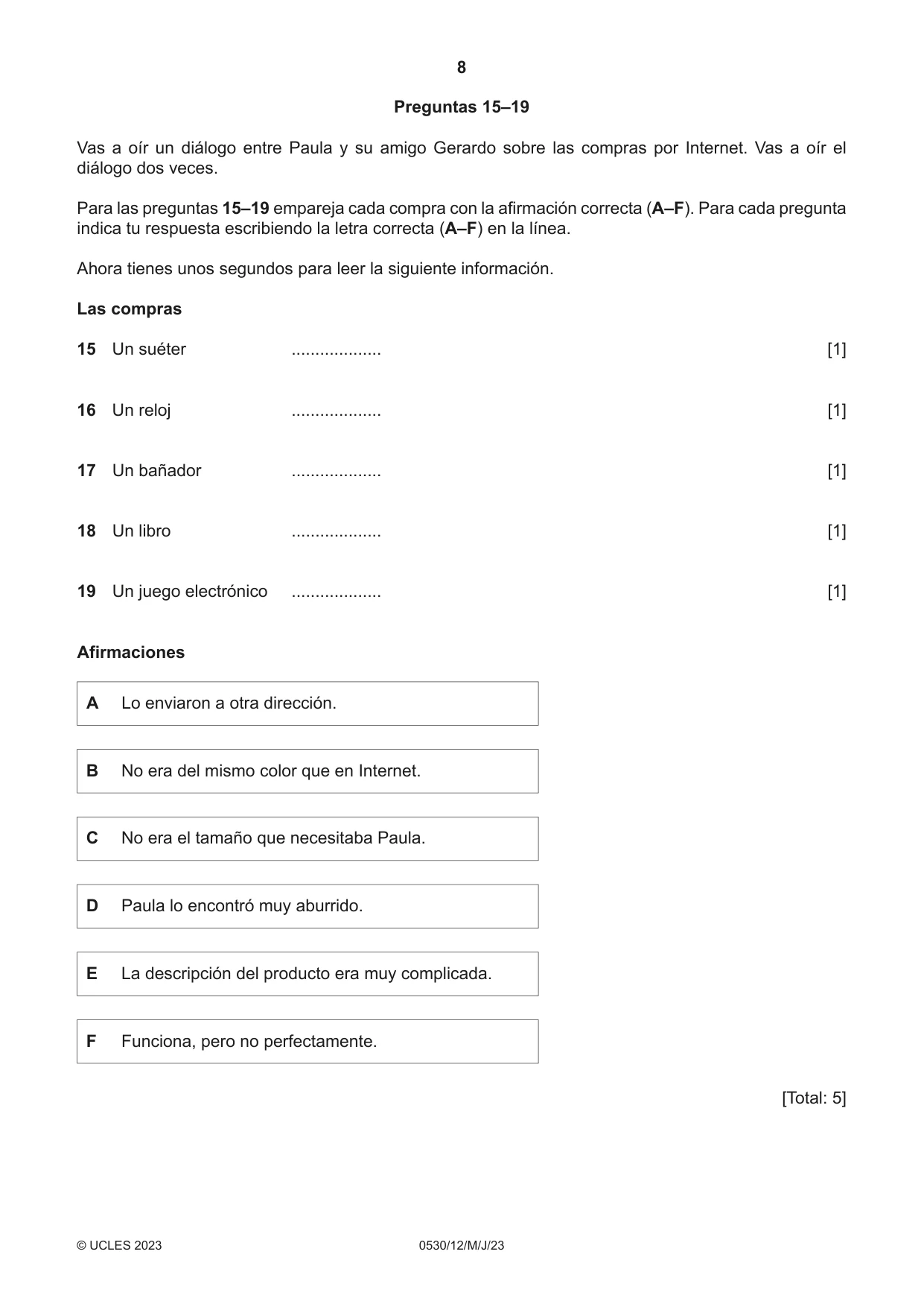 Cambridge IGCSE Spanish - Foreign Language 0530 2023 May/June Paper 1 · Variant 2 question paper, page 8 of 16