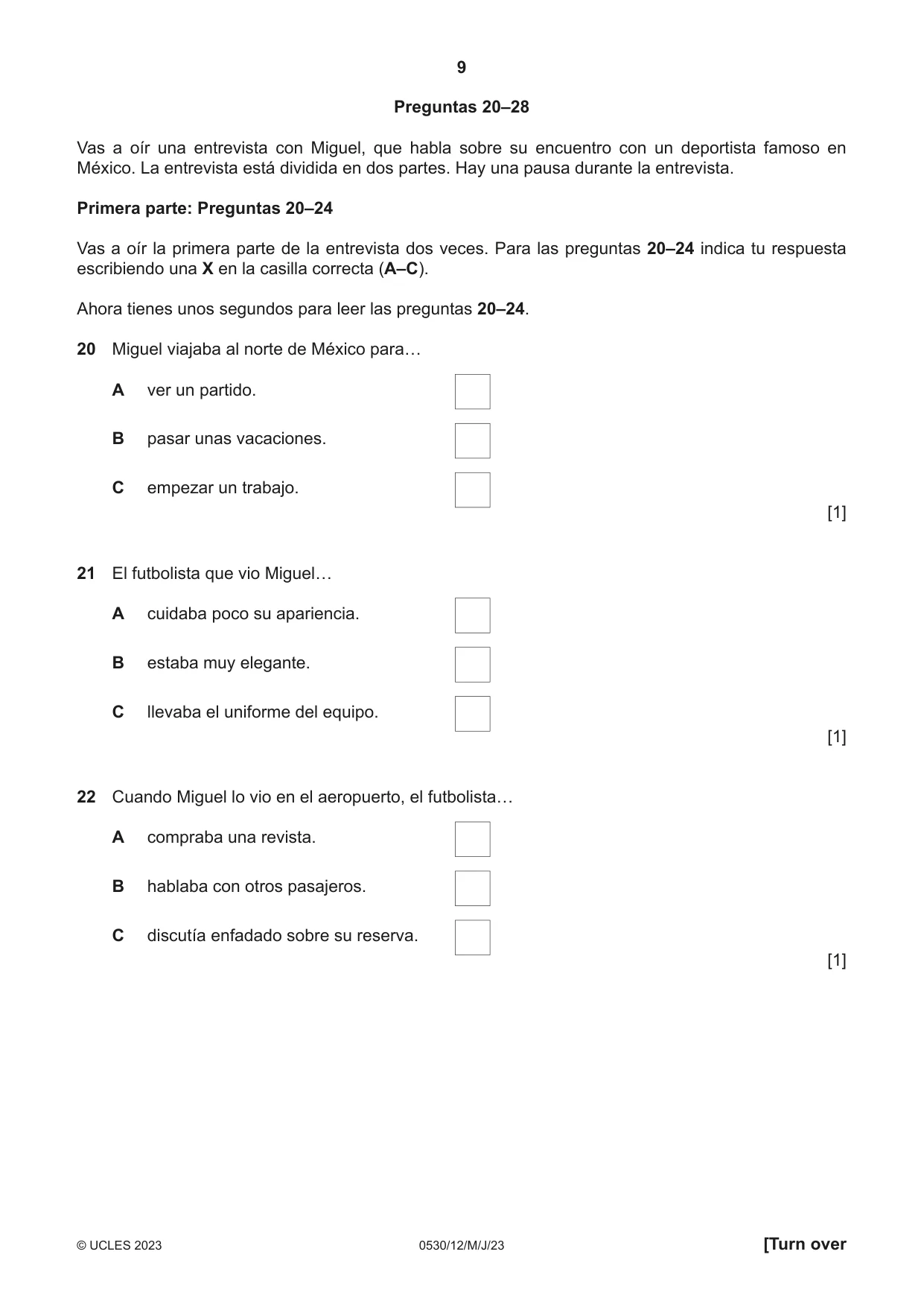 Cambridge IGCSE Spanish - Foreign Language 0530 2023 May/June Paper 1 · Variant 2 question paper, page 9 of 16