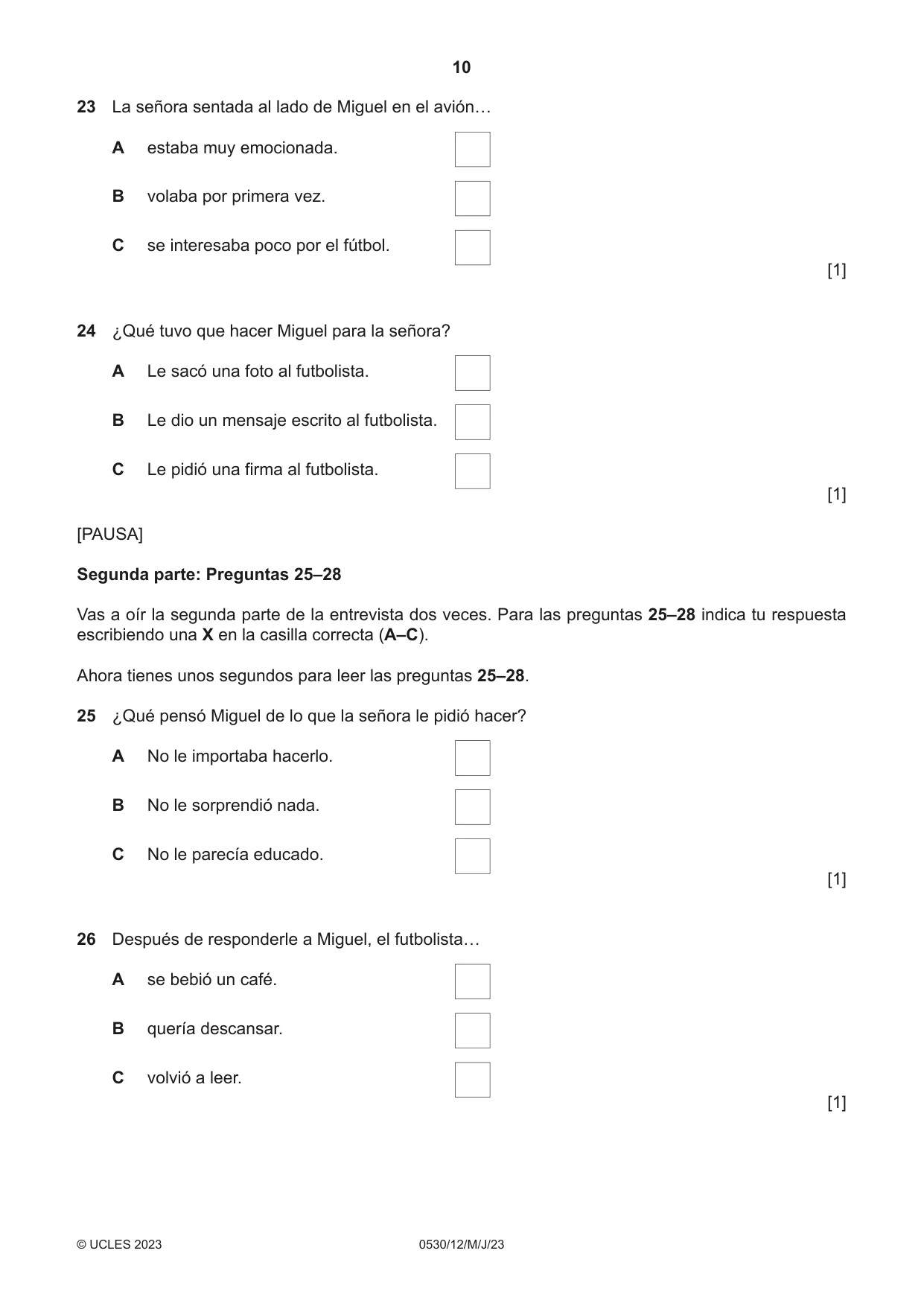 Cambridge IGCSE Spanish - Foreign Language 0530 2023 May/June Paper 1 · Variant 2 question paper, page 10 of 16