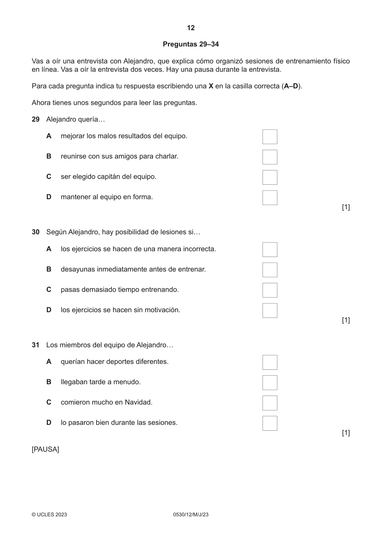 Cambridge IGCSE Spanish - Foreign Language 0530 2023 May/June Paper 1 · Variant 2 question paper, page 12 of 16