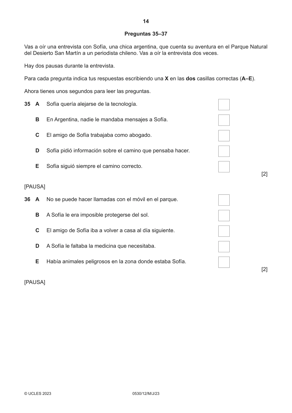 Cambridge IGCSE Spanish - Foreign Language 0530 2023 May/June Paper 1 · Variant 2 question paper, page 14 of 16