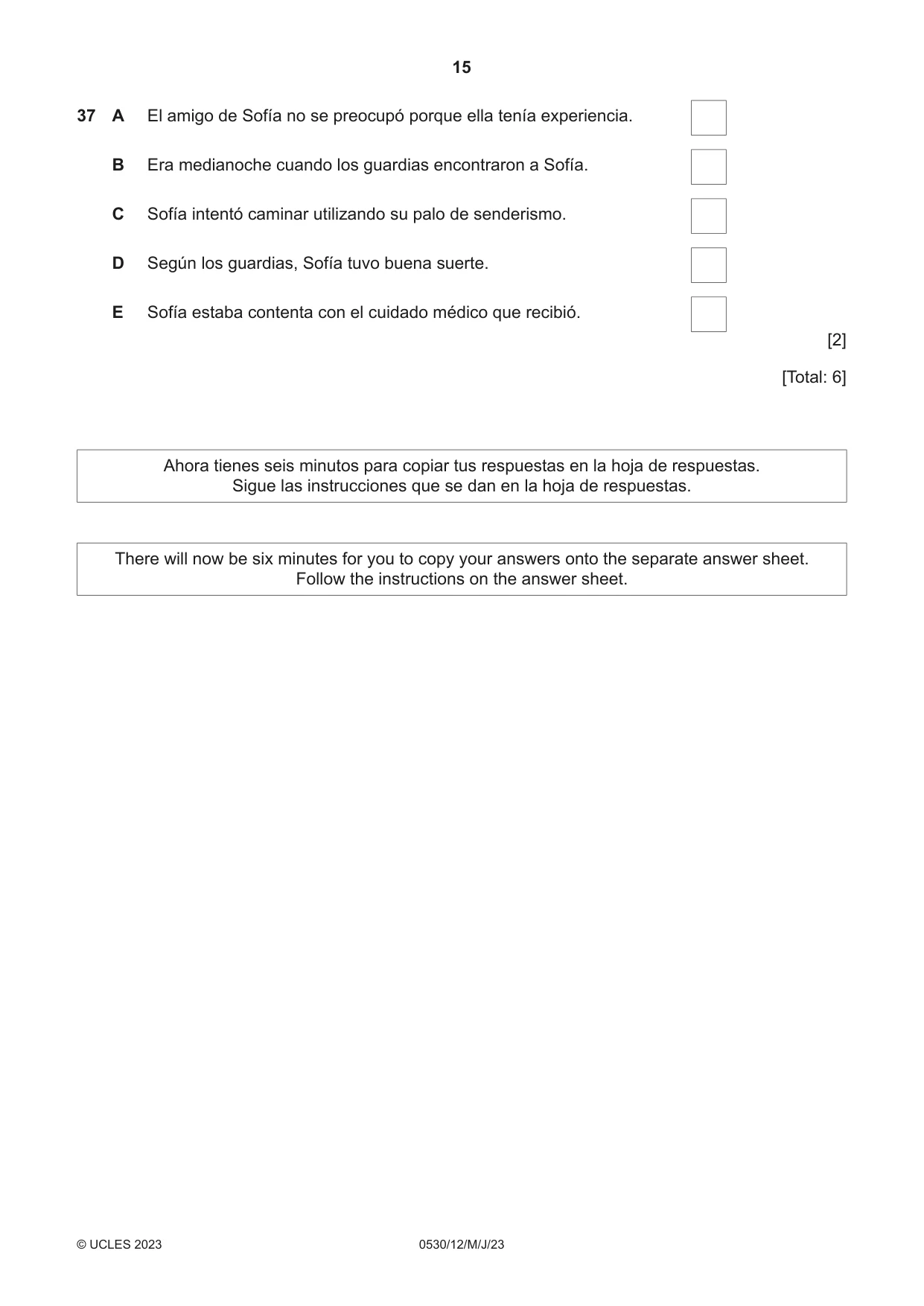 Cambridge IGCSE Spanish - Foreign Language 0530 2023 May/June Paper 1 · Variant 2 question paper, page 15 of 16