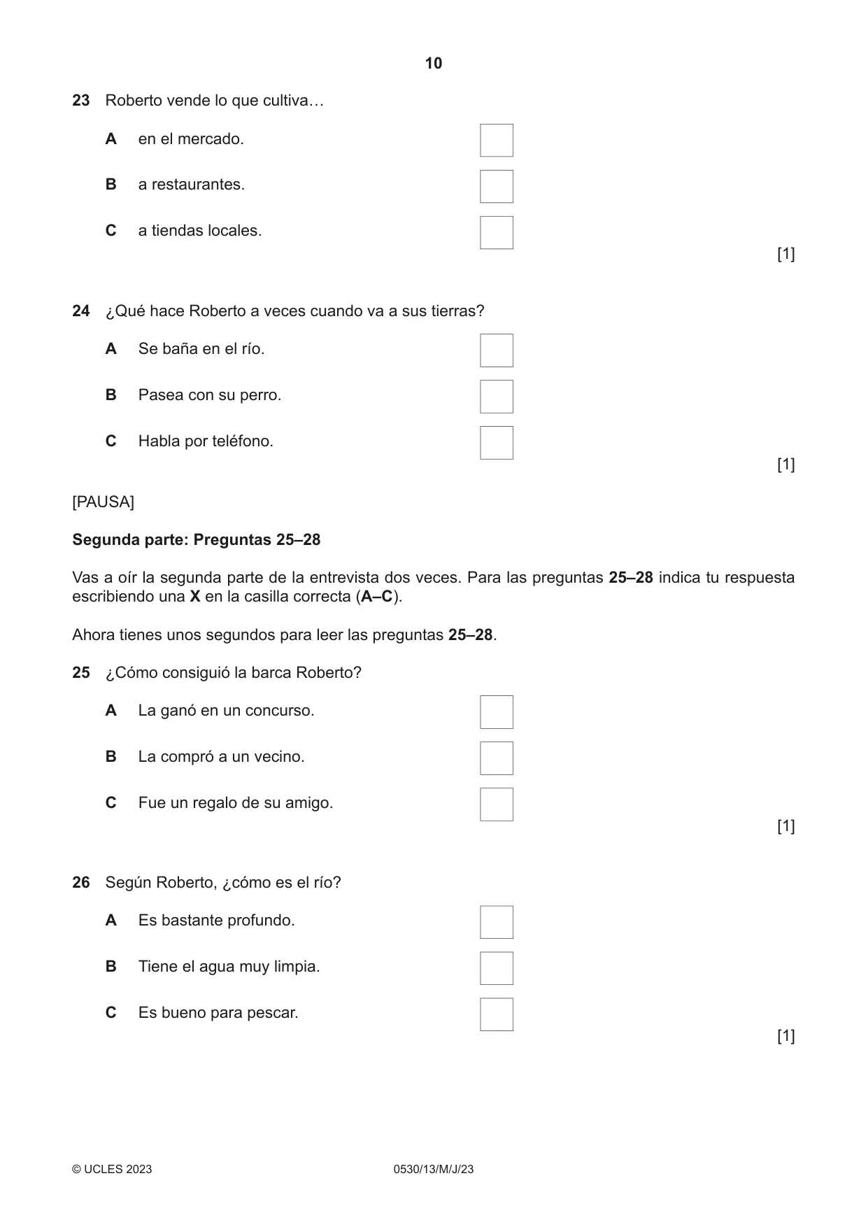 Cambridge IGCSE Spanish - Foreign Language 0530 2023 May/June Paper 1 · Variant 3 question paper, page 10 of 16