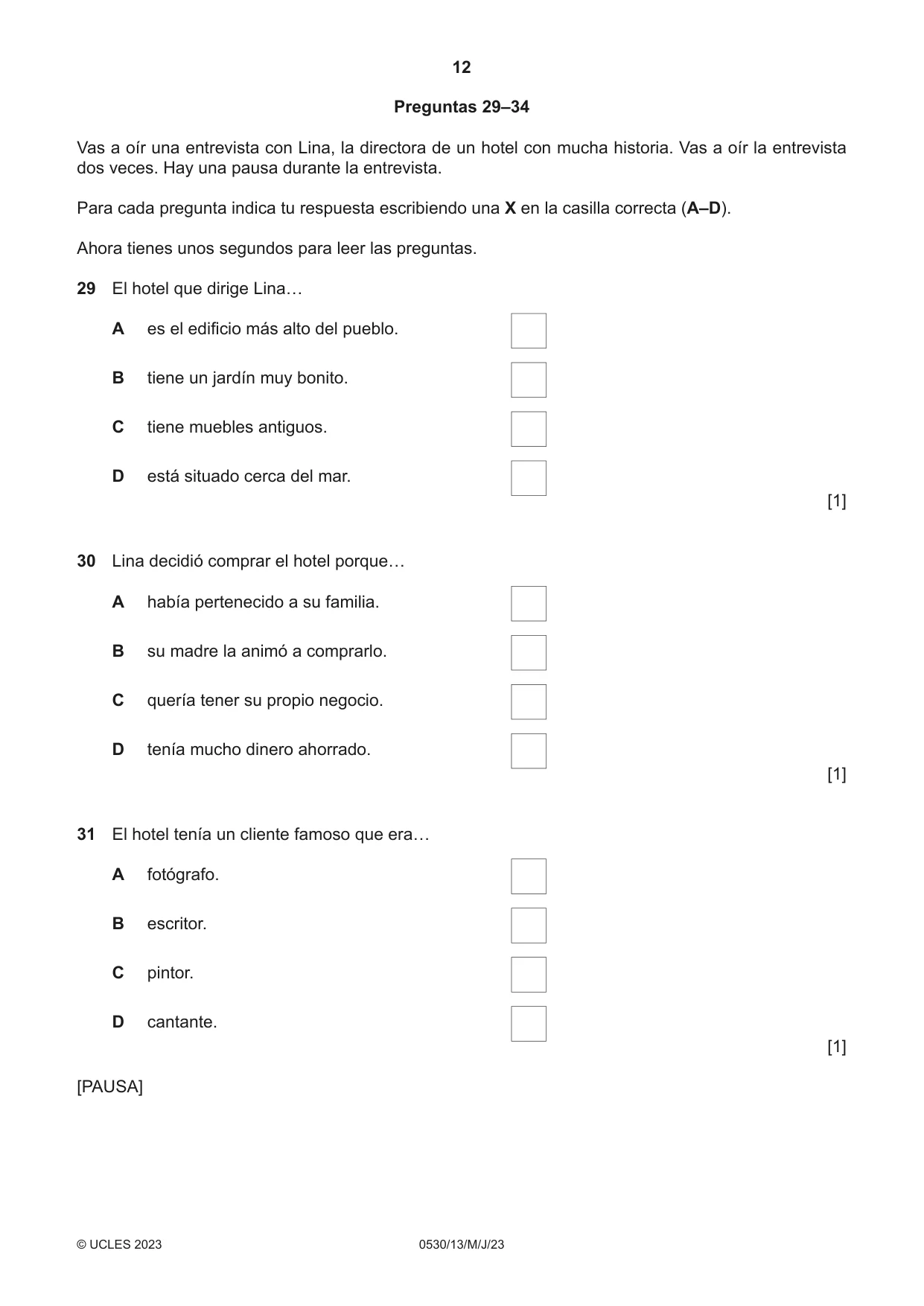 Cambridge IGCSE Spanish - Foreign Language 0530 2023 May/June Paper 1 · Variant 3 question paper, page 12 of 16