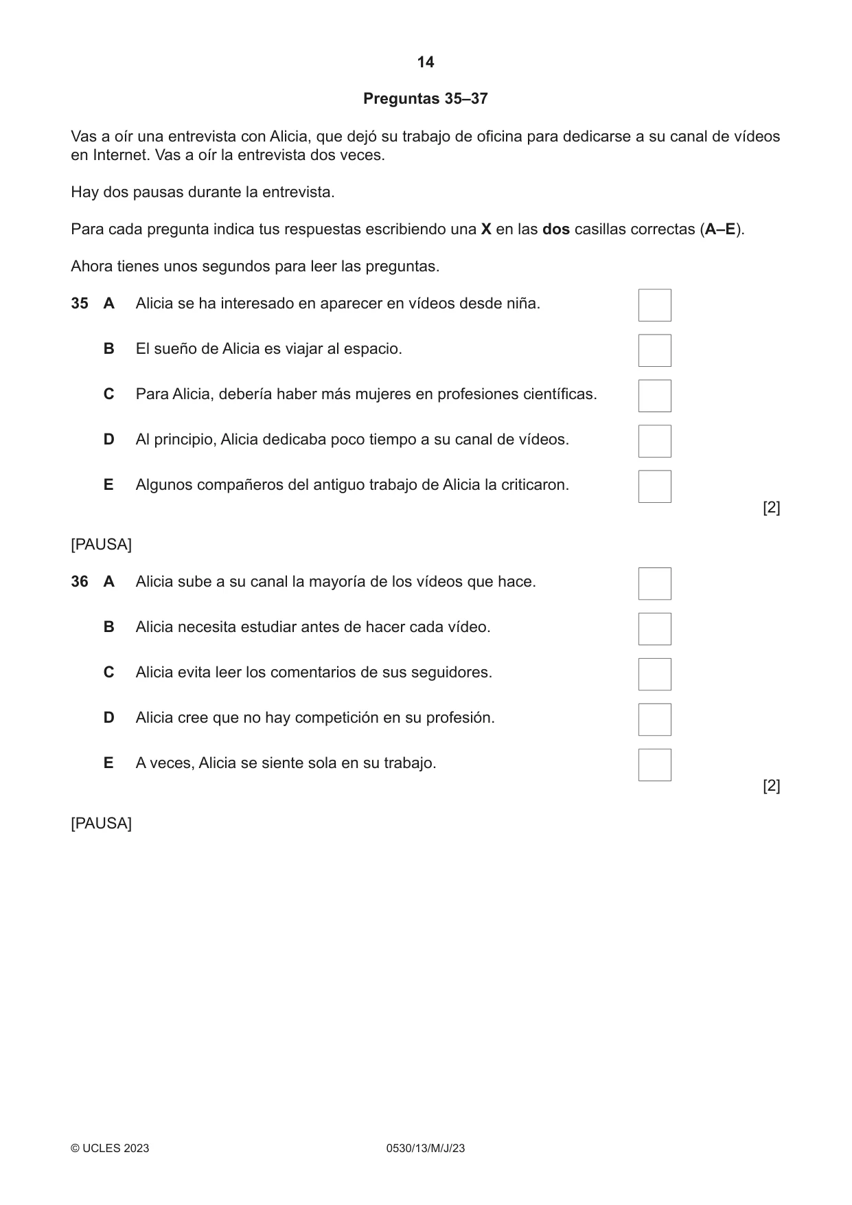 Cambridge IGCSE Spanish - Foreign Language 0530 2023 May/June Paper 1 · Variant 3 question paper, page 14 of 16