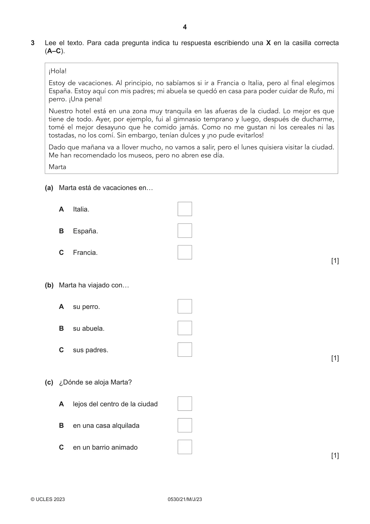 Cambridge IGCSE Spanish - Foreign Language 0530 2023 May/June Paper 2 · Variant 1 question paper, page 4 of 12