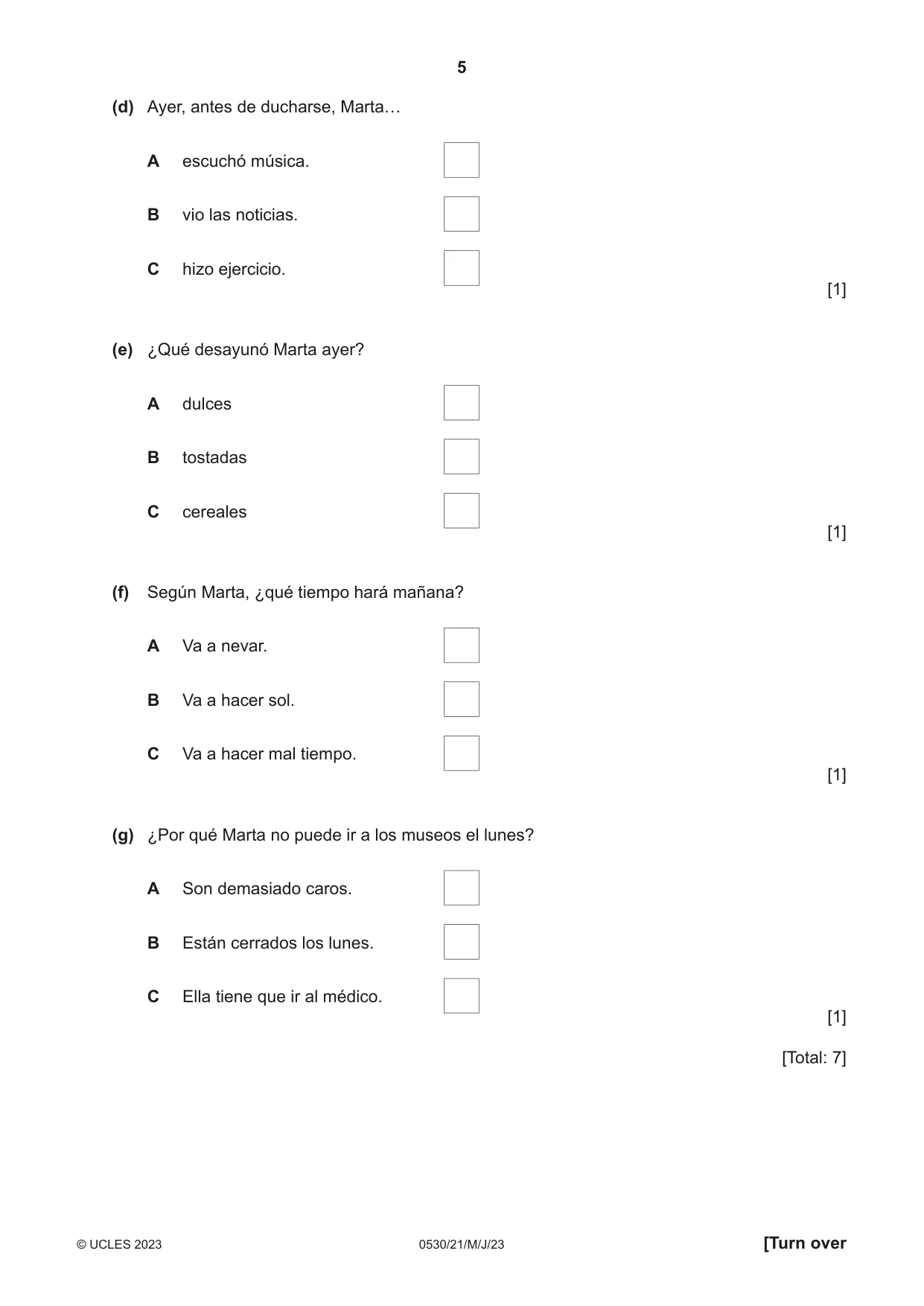 Cambridge IGCSE Spanish - Foreign Language 0530 2023 May/June Paper 2 · Variant 1 question paper, page 5 of 12