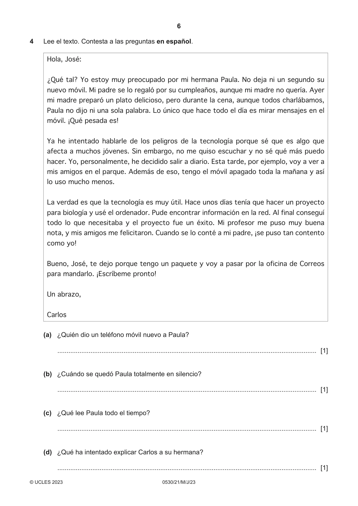 Cambridge IGCSE Spanish - Foreign Language 0530 2023 May/June Paper 2 · Variant 1 question paper, page 6 of 12