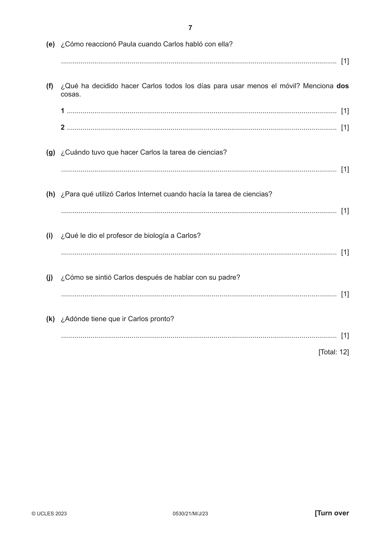 Cambridge IGCSE Spanish - Foreign Language 0530 2023 May/June Paper 2 · Variant 1 question paper, page 7 of 12