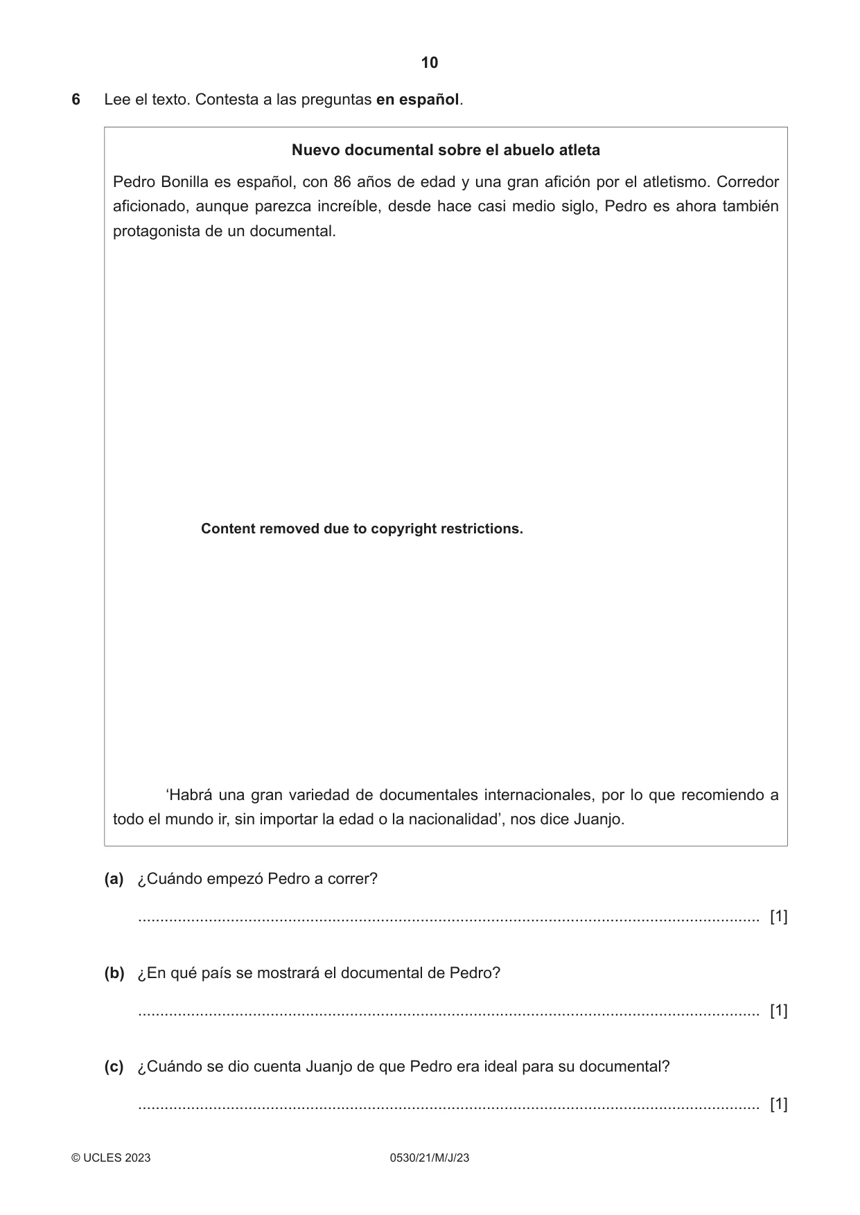 Cambridge IGCSE Spanish - Foreign Language 0530 2023 May/June Paper 2 · Variant 1 question paper, page 10 of 12