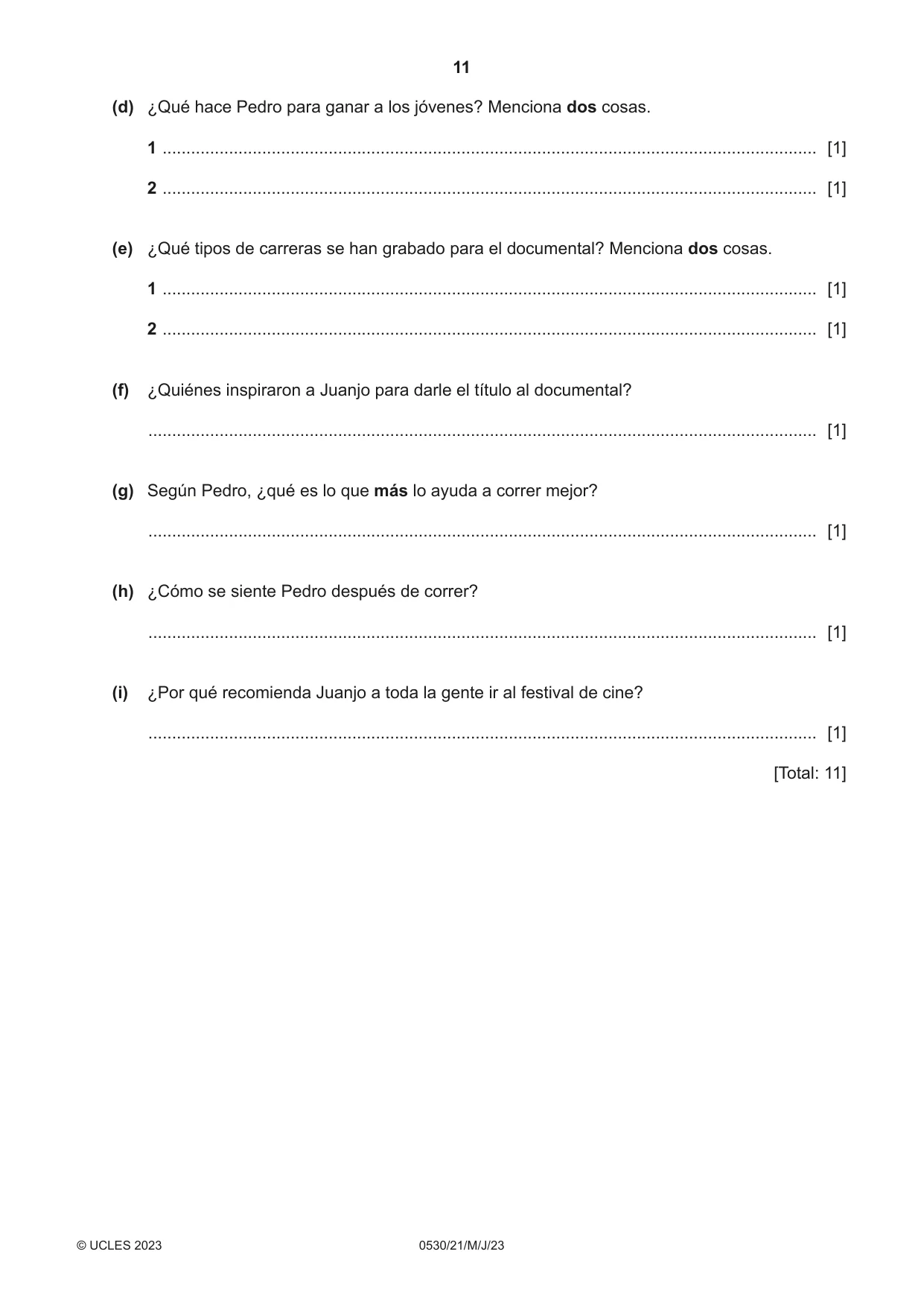 Cambridge IGCSE Spanish - Foreign Language 0530 2023 May/June Paper 2 · Variant 1 question paper, page 11 of 12
