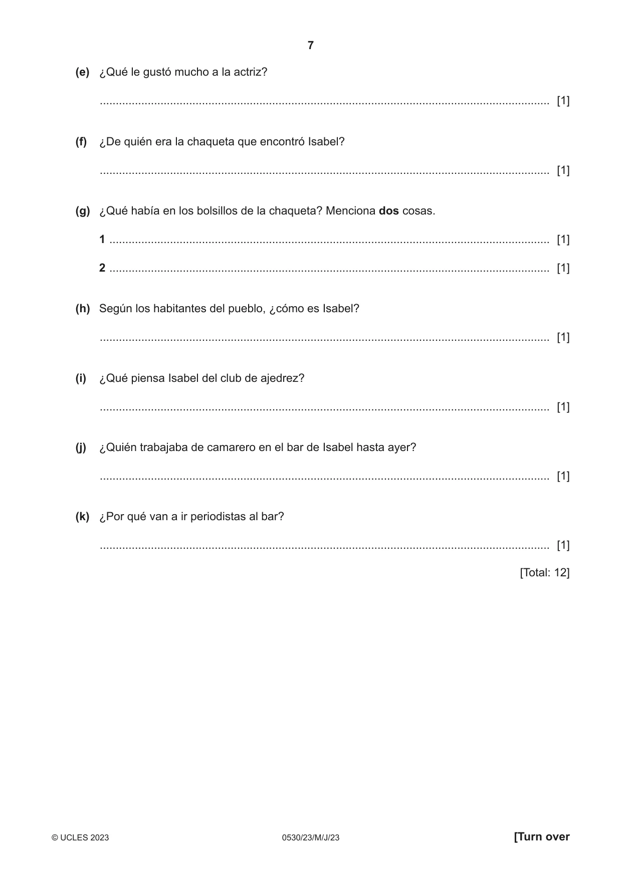 Cambridge IGCSE Spanish - Foreign Language 0530 2023 May/June Paper 2 · Variant 3 question paper, page 7 of 12