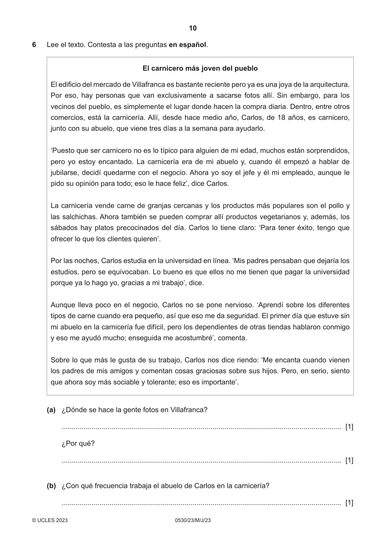 Cambridge IGCSE Spanish - Foreign Language 0530 2023 May/June Paper 2 · Variant 3 question paper, page 10 of 12