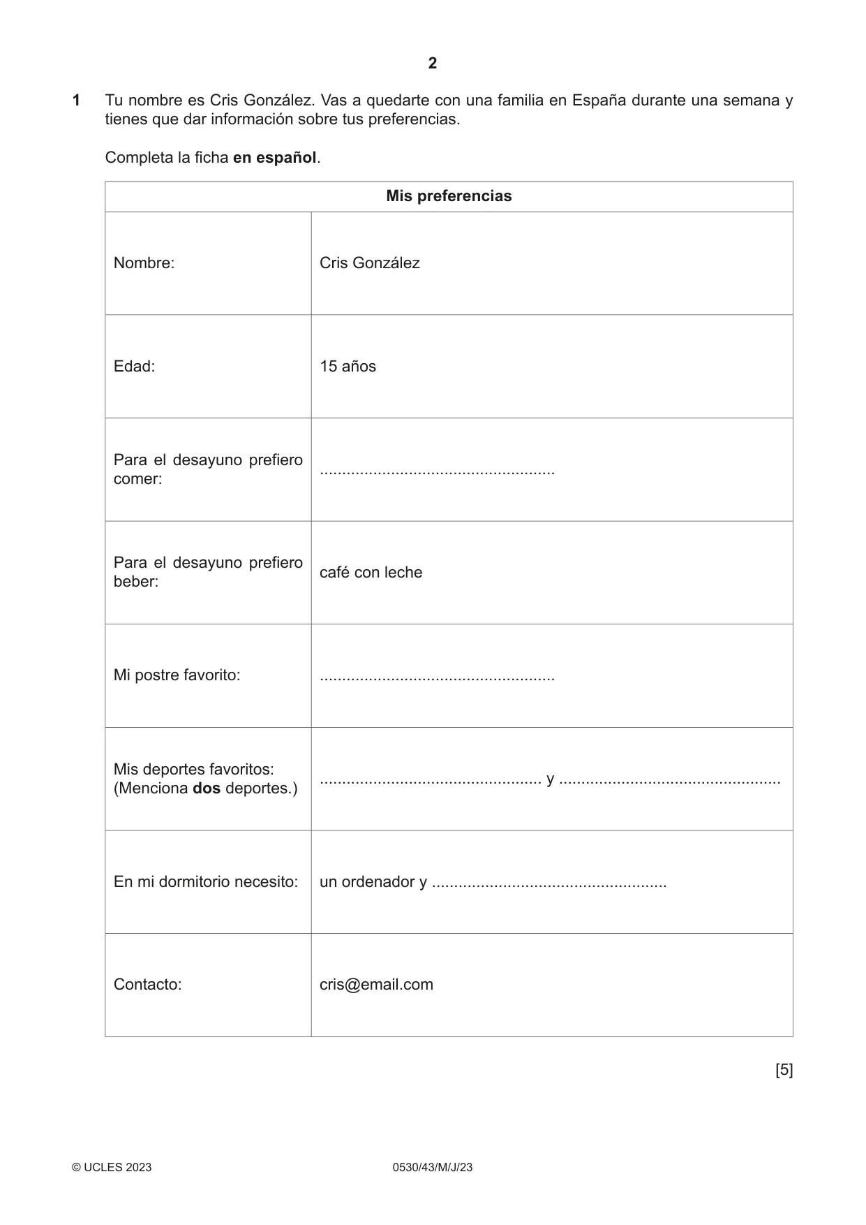 Cambridge IGCSE Spanish - Foreign Language 0530 2023 May/June Paper 4 · Variant 3 question paper, page 2 of 8