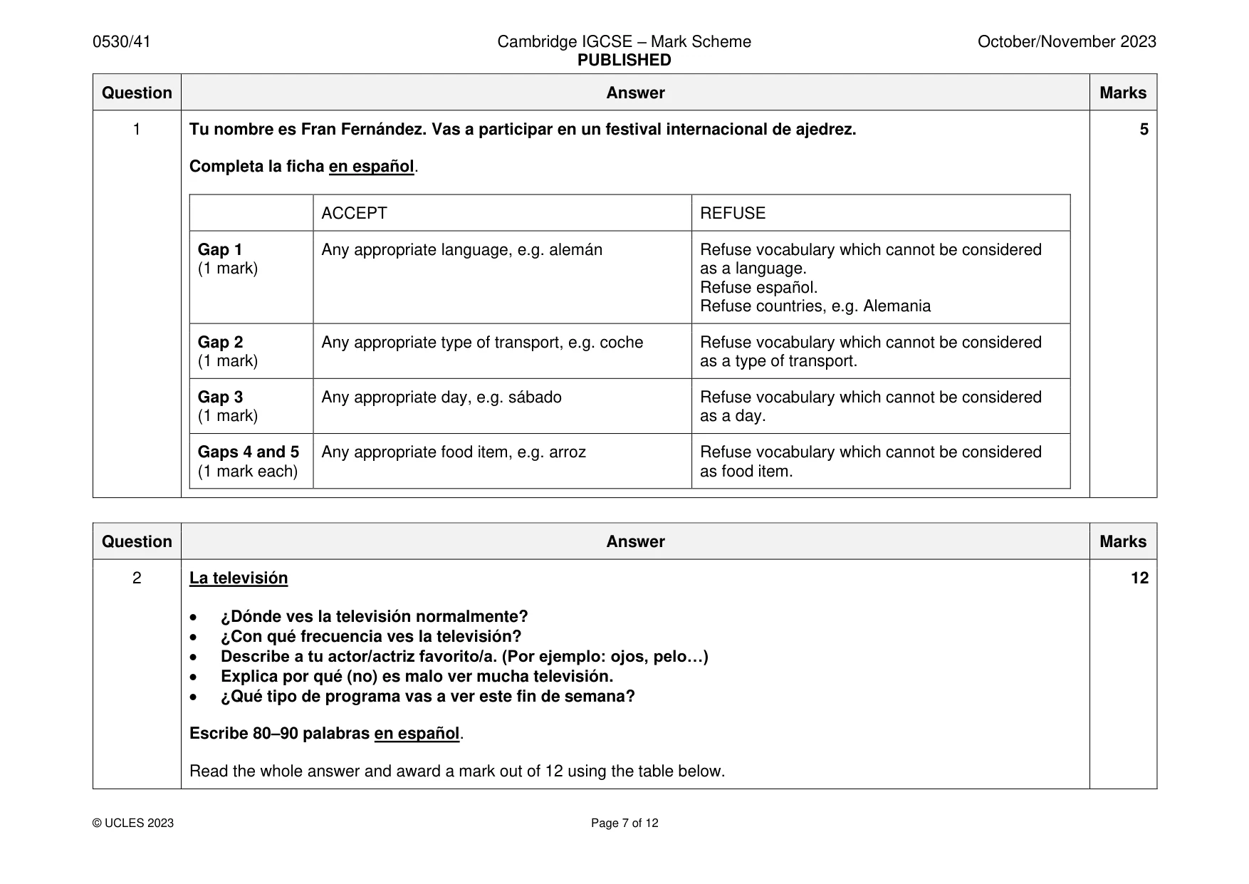 Mark scheme, page 7 of 12