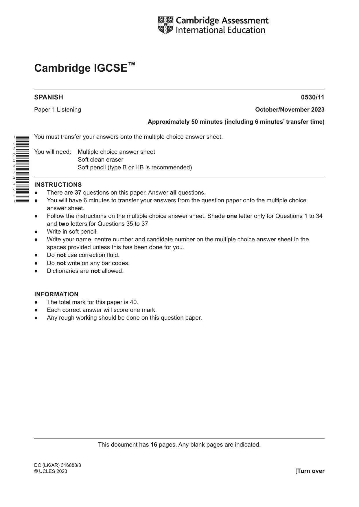 Cambridge IGCSE Spanish - Foreign Language 0530 2023 Oct/Nov Paper 1 · Variant 1 question paper, page 1 of 16