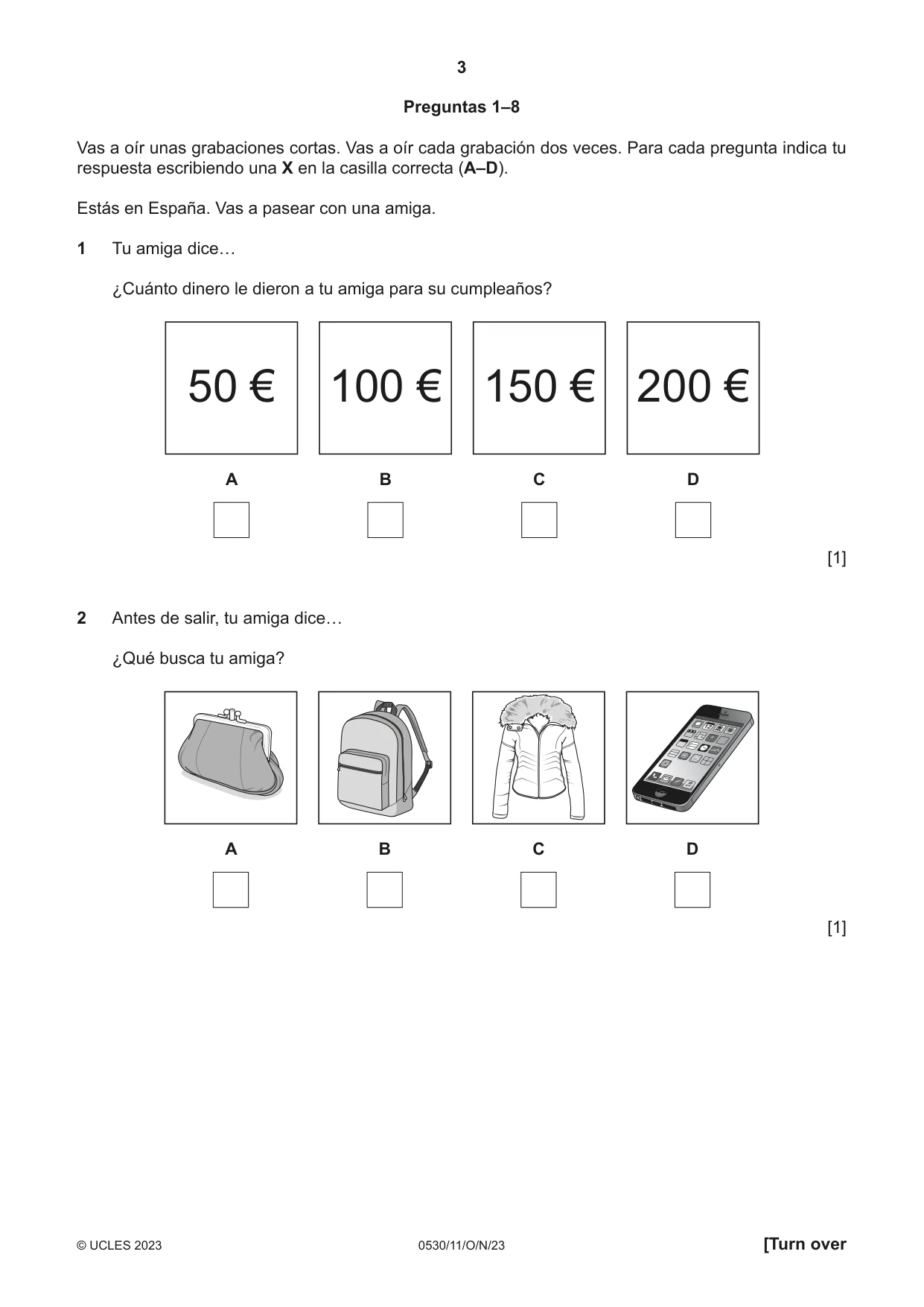 Cambridge IGCSE Spanish - Foreign Language 0530 2023 Oct/Nov Paper 1 · Variant 1 question paper, page 3 of 16