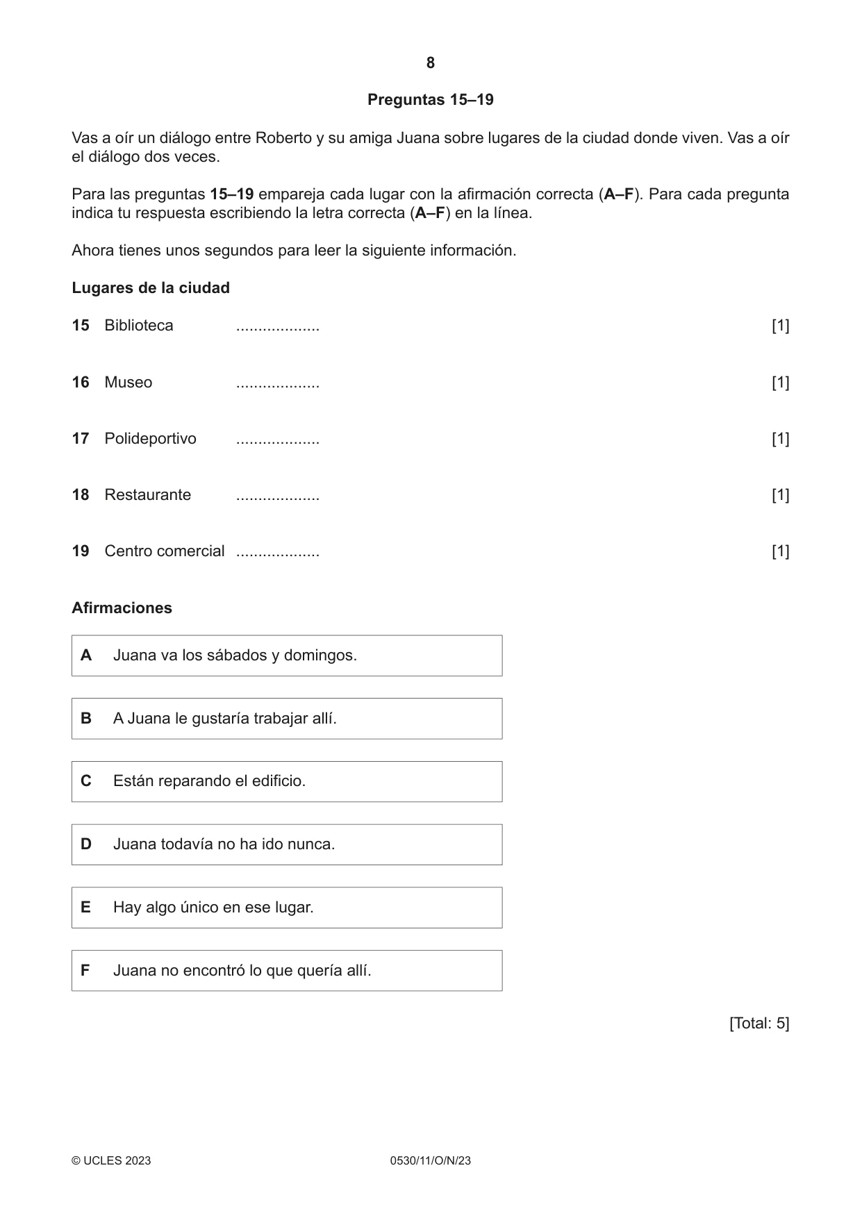 Cambridge IGCSE Spanish - Foreign Language 0530 2023 Oct/Nov Paper 1 · Variant 1 question paper, page 8 of 16