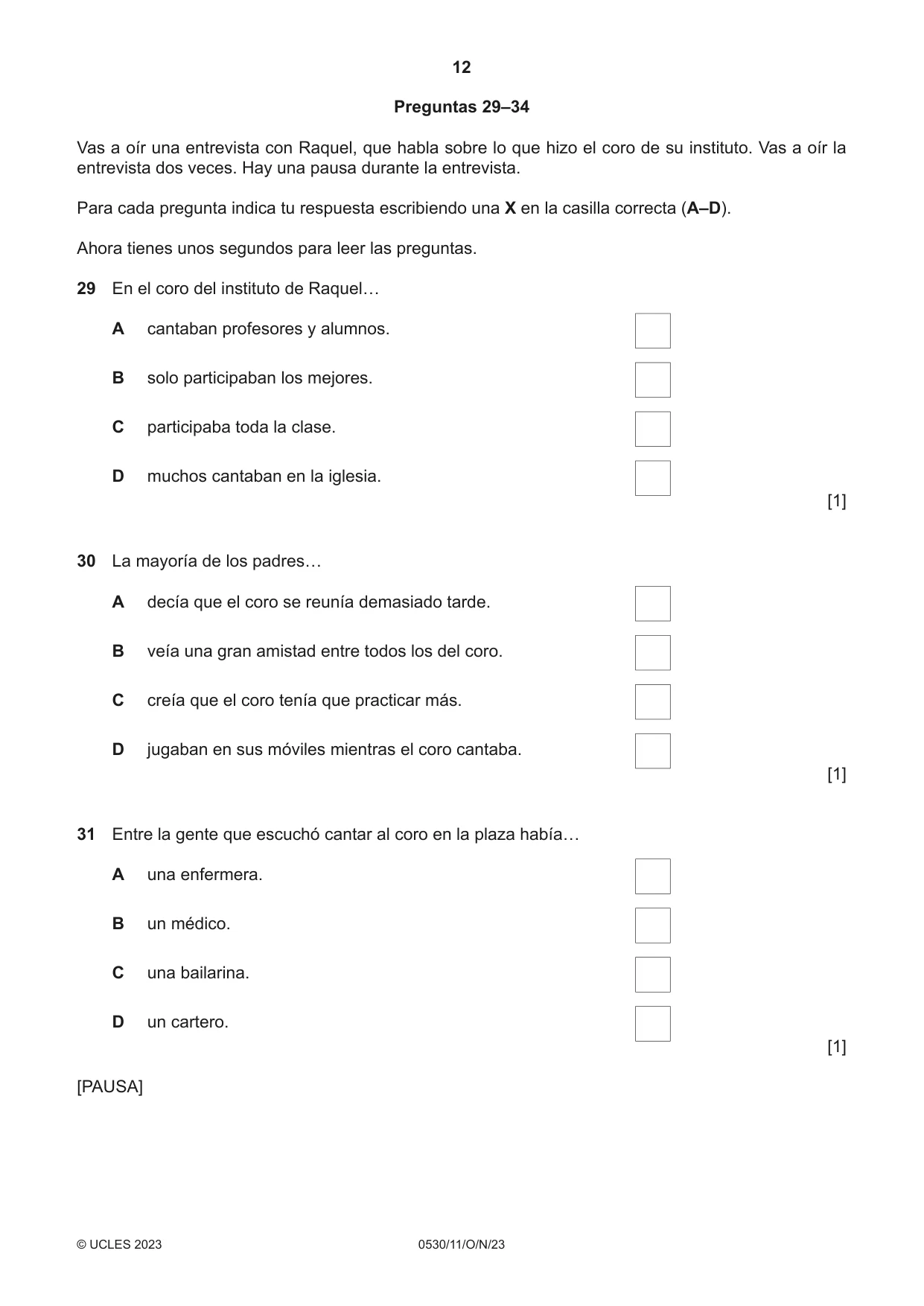 Cambridge IGCSE Spanish - Foreign Language 0530 2023 Oct/Nov Paper 1 · Variant 1 question paper, page 12 of 16