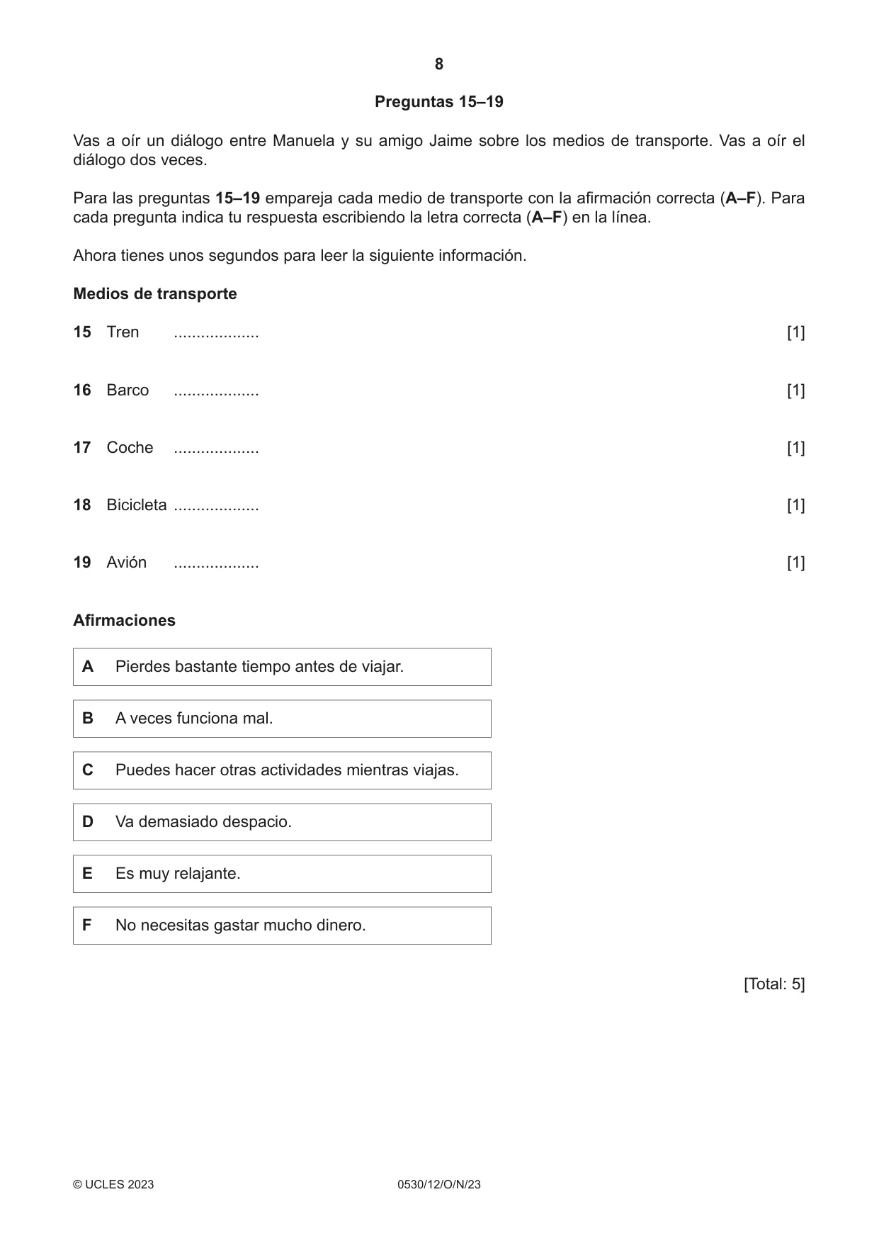 Cambridge IGCSE Spanish - Foreign Language 0530 2023 Oct/Nov Paper 1 · Variant 2 question paper, page 8 of 16