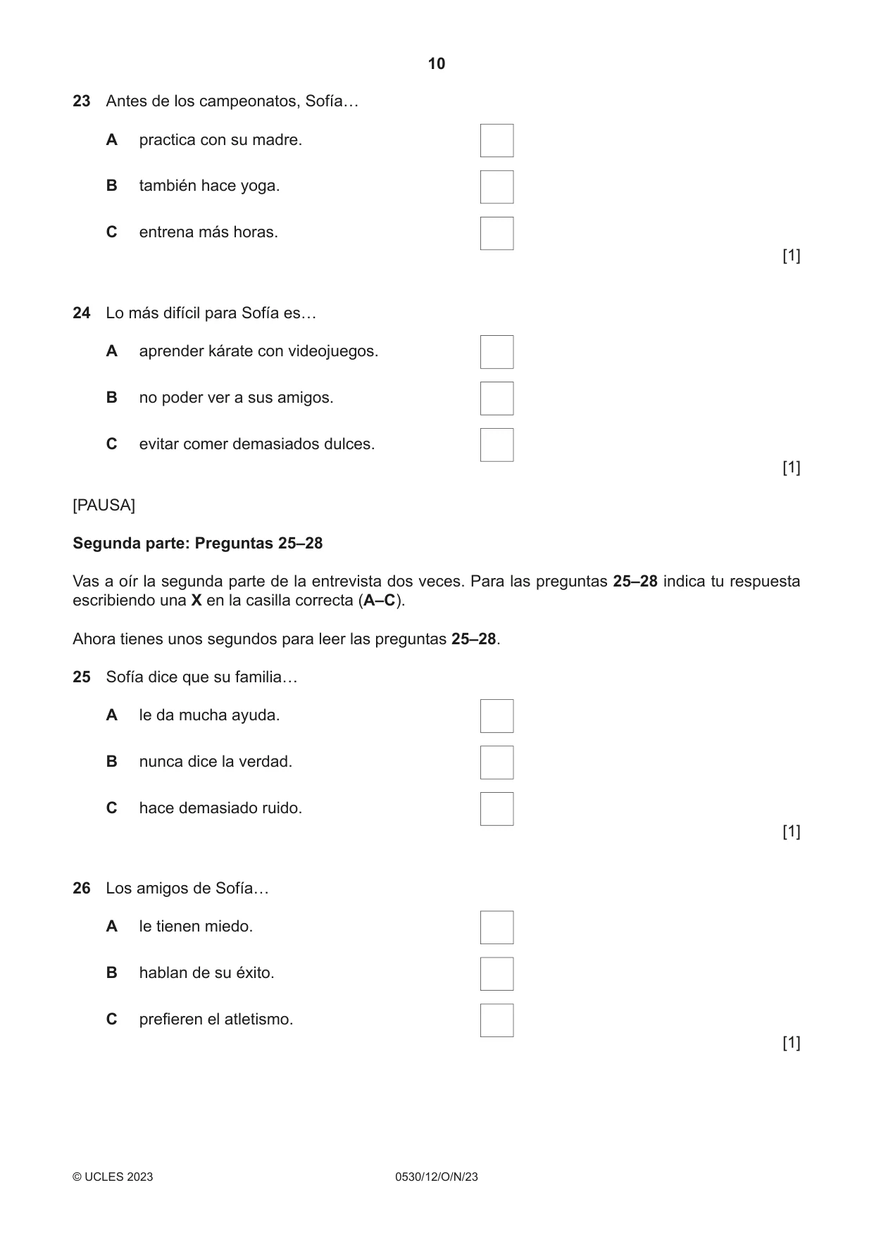 Cambridge IGCSE Spanish - Foreign Language 0530 2023 Oct/Nov Paper 1 · Variant 2 question paper, page 10 of 16