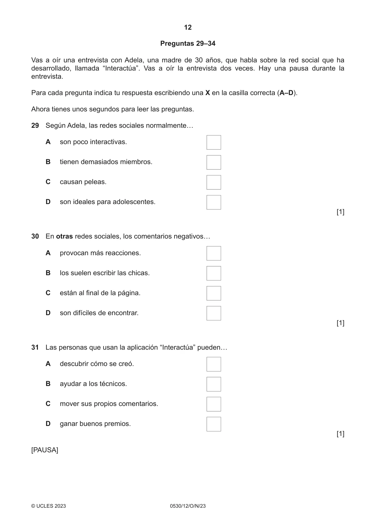 Cambridge IGCSE Spanish - Foreign Language 0530 2023 Oct/Nov Paper 1 · Variant 2 question paper, page 12 of 16