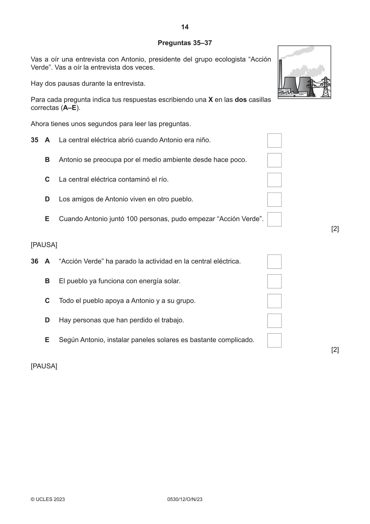 Cambridge IGCSE Spanish - Foreign Language 0530 2023 Oct/Nov Paper 1 · Variant 2 question paper, page 14 of 16
