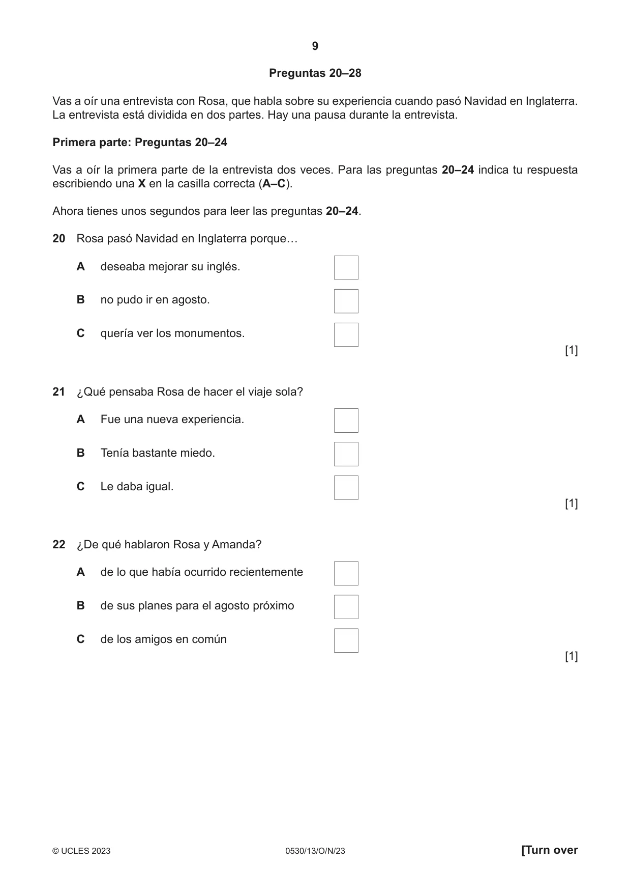 Cambridge IGCSE Spanish - Foreign Language 0530 2023 Oct/Nov Paper 1 · Variant 3 question paper, page 9 of 16