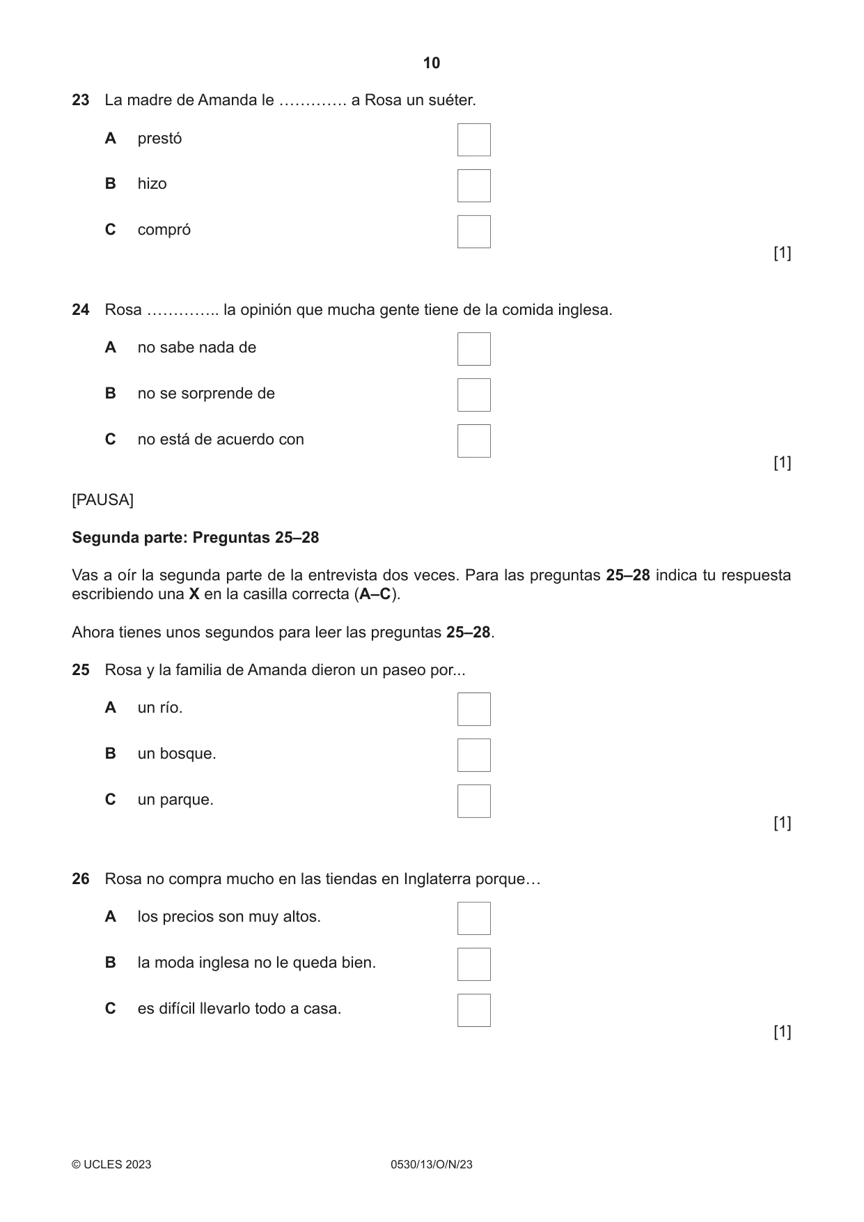 Cambridge IGCSE Spanish - Foreign Language 0530 2023 Oct/Nov Paper 1 · Variant 3 question paper, page 10 of 16