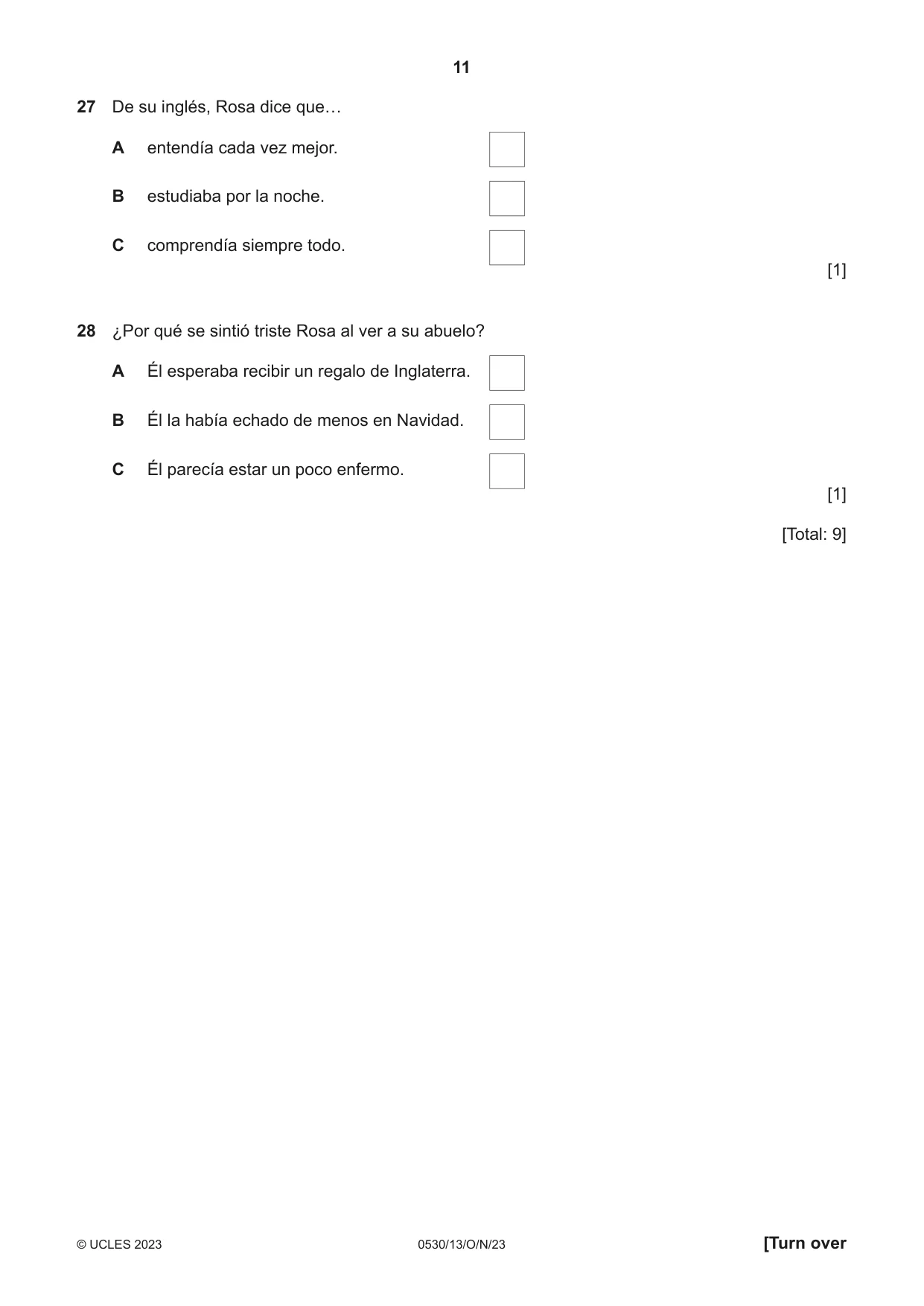 Cambridge IGCSE Spanish - Foreign Language 0530 2023 Oct/Nov Paper 1 · Variant 3 question paper, page 11 of 16