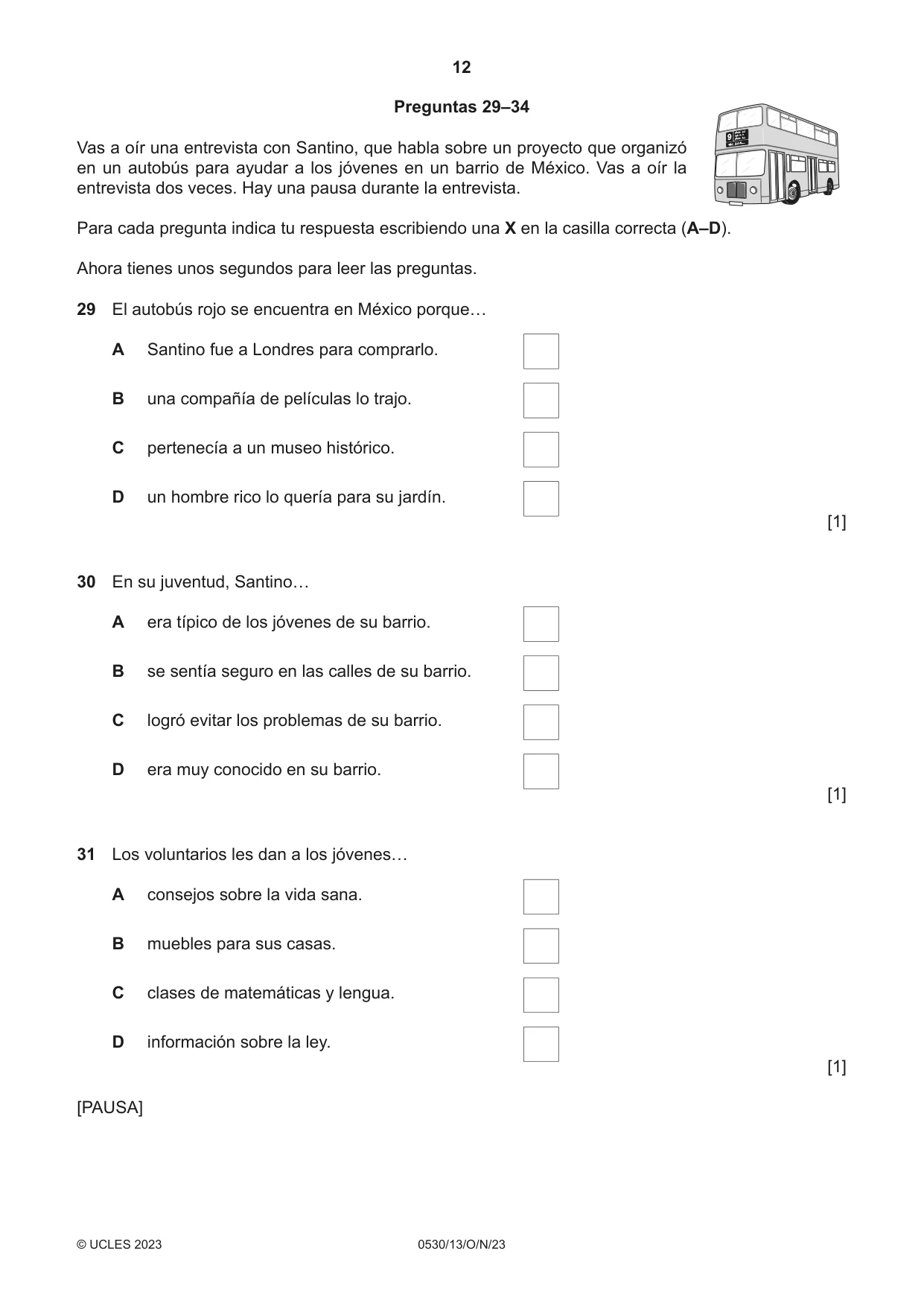 Cambridge IGCSE Spanish - Foreign Language 0530 2023 Oct/Nov Paper 1 · Variant 3 question paper, page 12 of 16