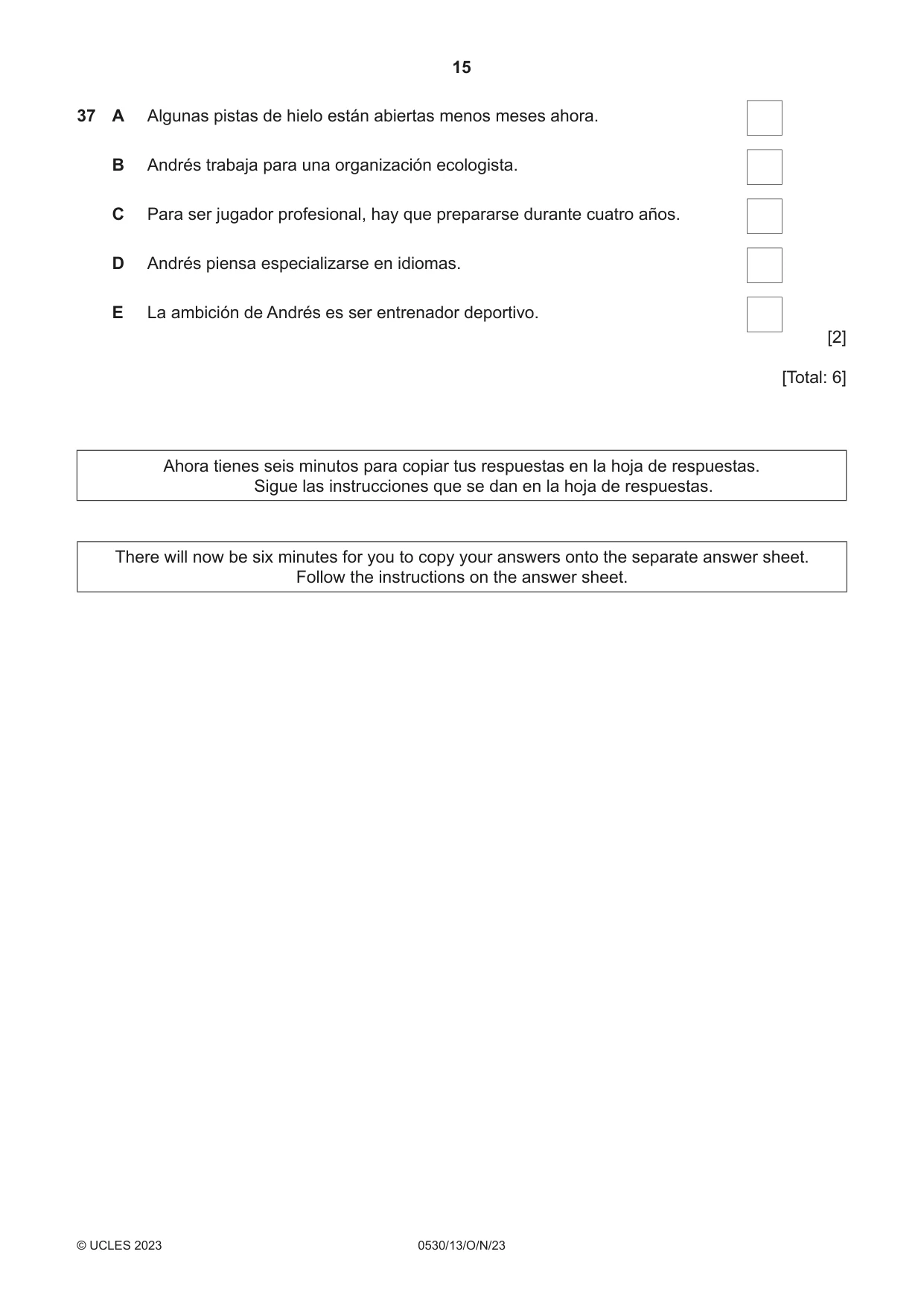 Cambridge IGCSE Spanish - Foreign Language 0530 2023 Oct/Nov Paper 1 · Variant 3 question paper, page 15 of 16