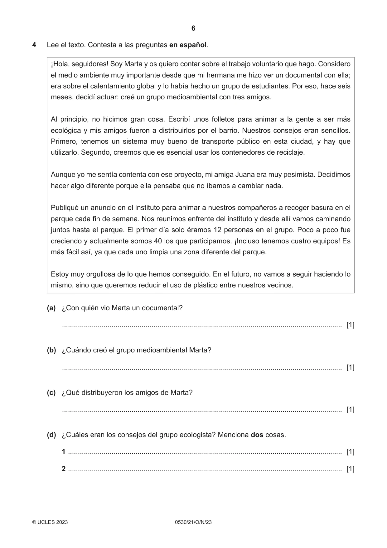 Cambridge IGCSE Spanish - Foreign Language 0530 2023 Oct/Nov Paper 2 · Variant 1 question paper, page 6 of 12