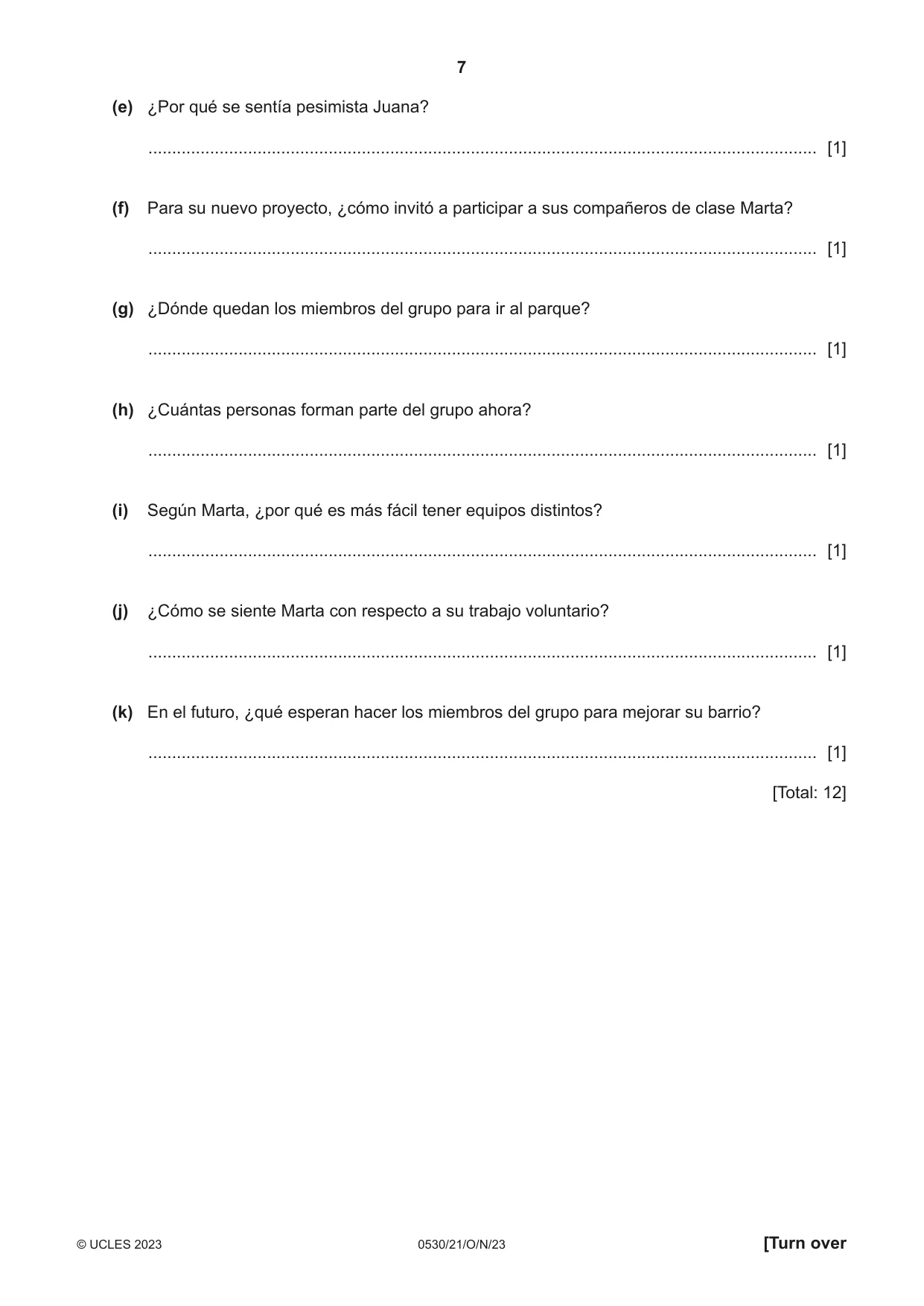 Cambridge IGCSE Spanish - Foreign Language 0530 2023 Oct/Nov Paper 2 · Variant 1 question paper, page 7 of 12