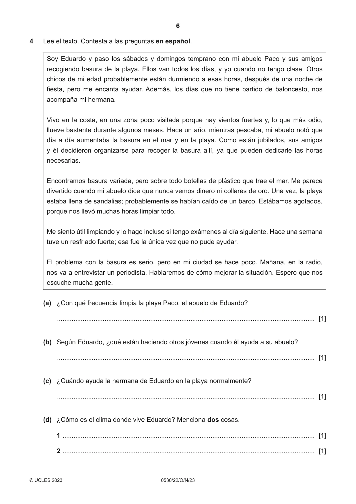 Cambridge IGCSE Spanish - Foreign Language 0530 2023 Oct/Nov Paper 2 · Variant 2 question paper, page 6 of 12