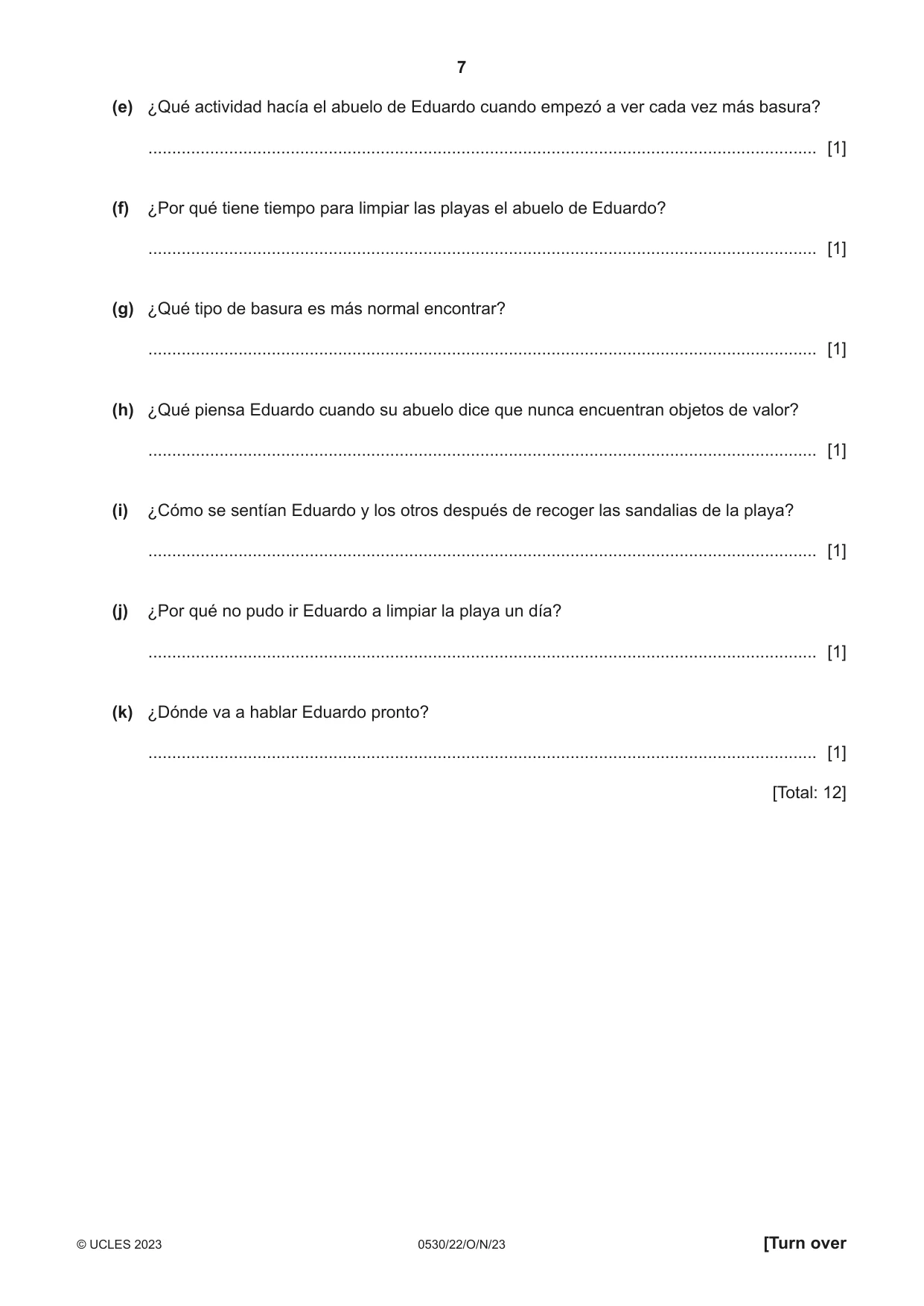 Cambridge IGCSE Spanish - Foreign Language 0530 2023 Oct/Nov Paper 2 · Variant 2 question paper, page 7 of 12