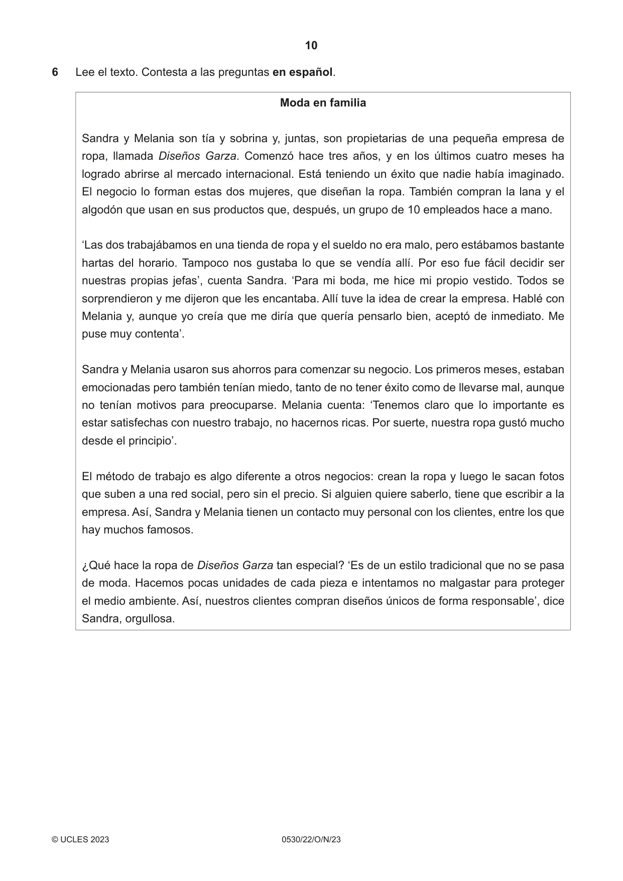 Cambridge IGCSE Spanish - Foreign Language 0530 2023 Oct/Nov Paper 2 · Variant 2 question paper, page 10 of 12