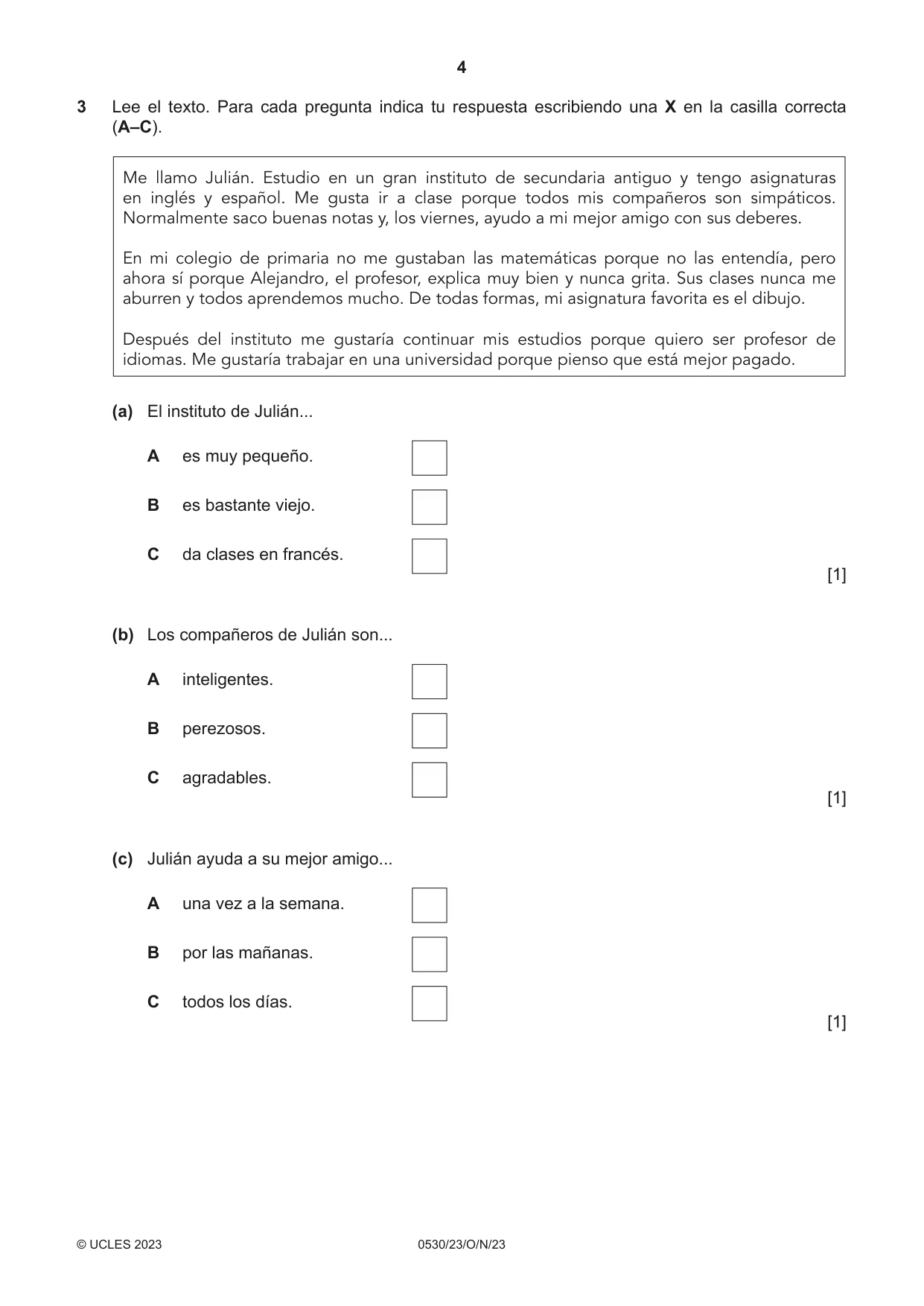 Cambridge IGCSE Spanish - Foreign Language 0530 2023 Oct/Nov Paper 2 · Variant 3 question paper, page 4 of 12
