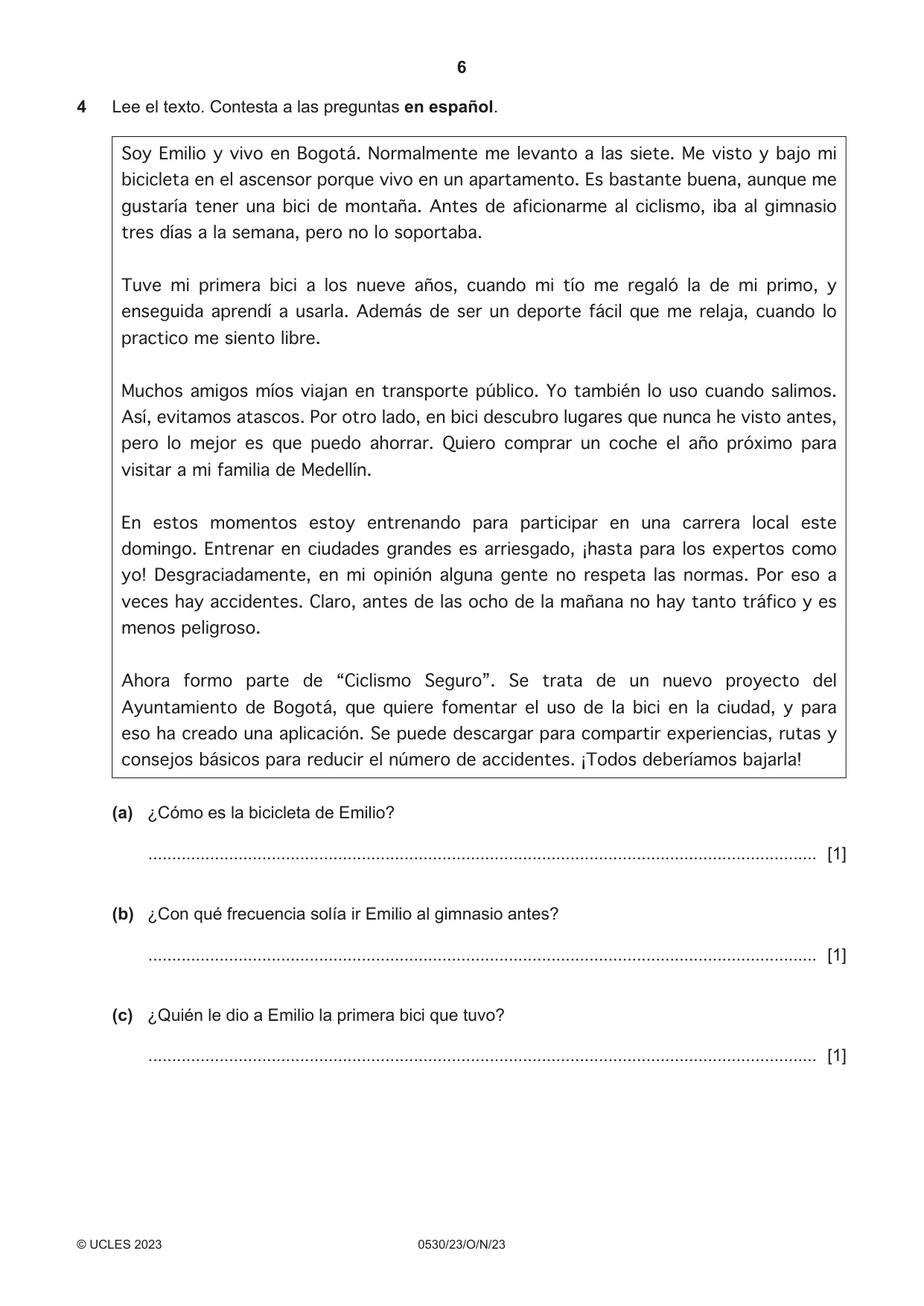 Cambridge IGCSE Spanish - Foreign Language 0530 2023 Oct/Nov Paper 2 · Variant 3 question paper, page 6 of 12