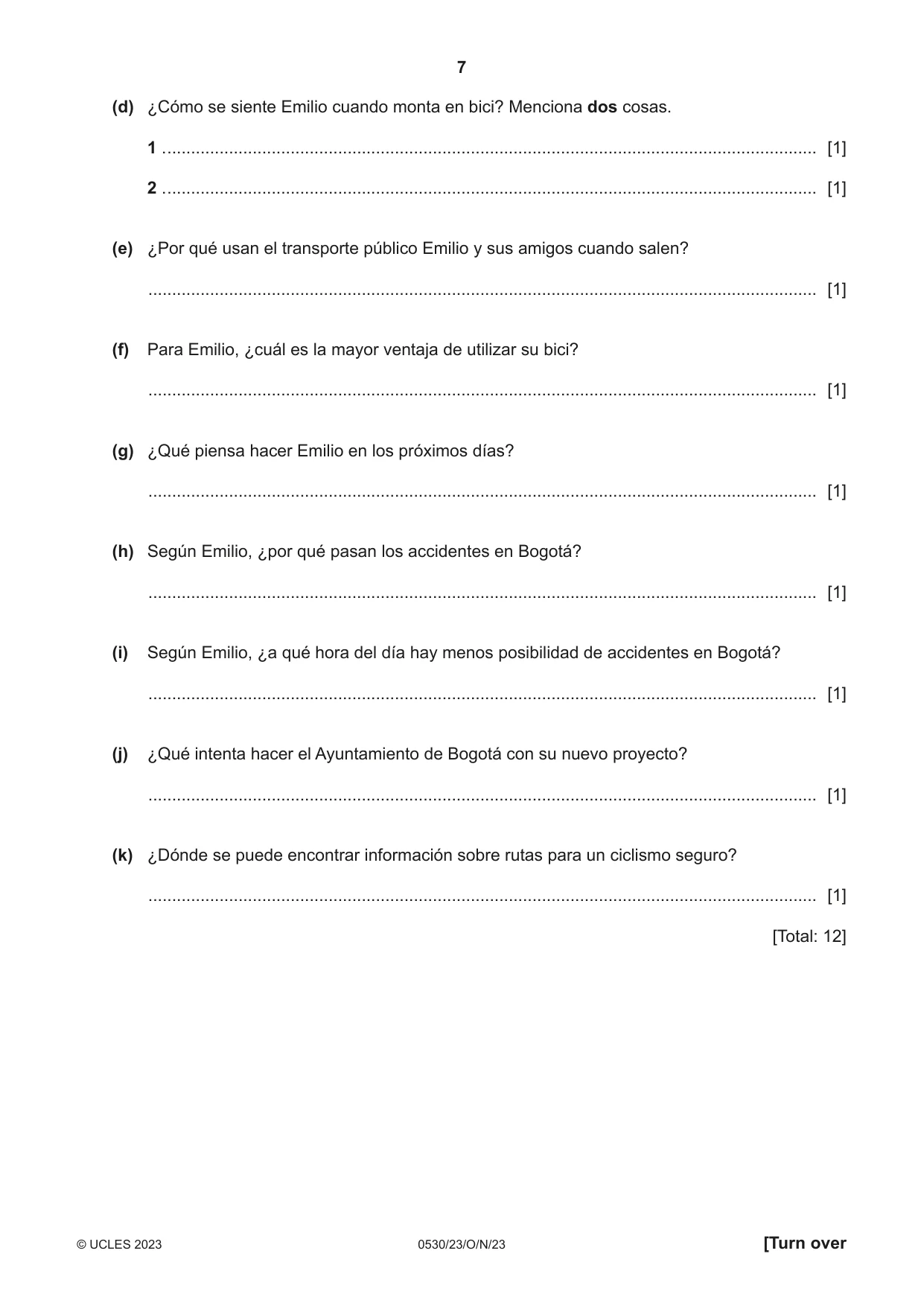 Cambridge IGCSE Spanish - Foreign Language 0530 2023 Oct/Nov Paper 2 · Variant 3 question paper, page 7 of 12