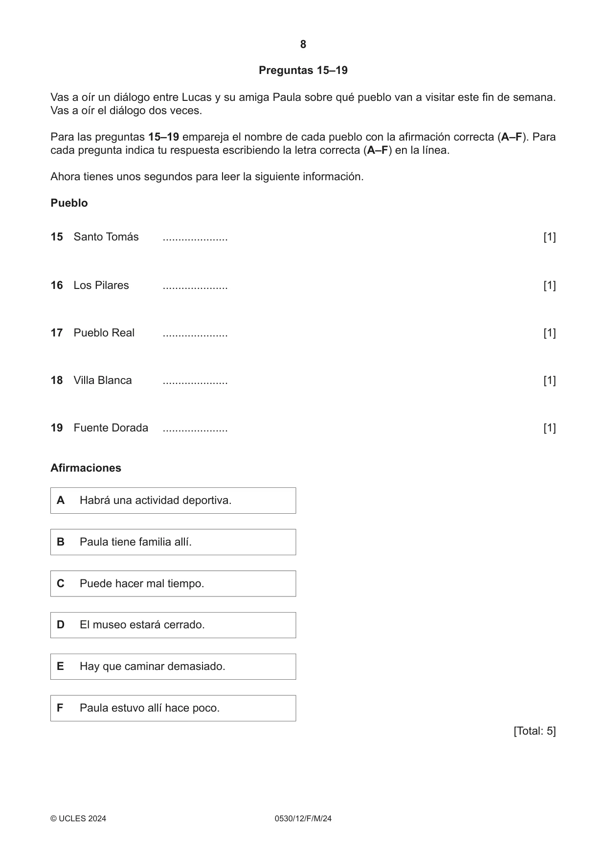 Cambridge IGCSE Spanish - Foreign Language 0530 2024 Feb/March Paper 1 · Variant 2 question paper, page 8 of 16