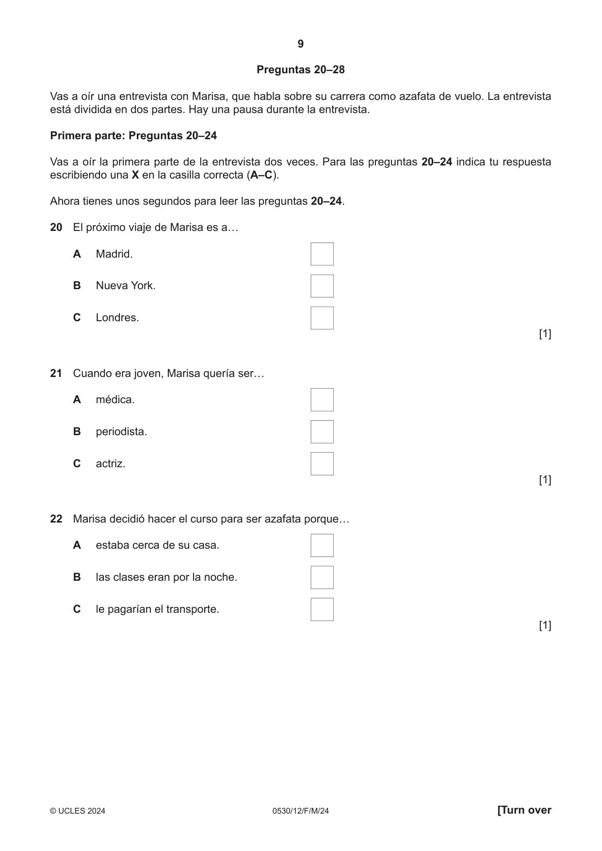 Cambridge IGCSE Spanish - Foreign Language 0530 2024 Feb/March Paper 1 · Variant 2 question paper, page 9 of 16