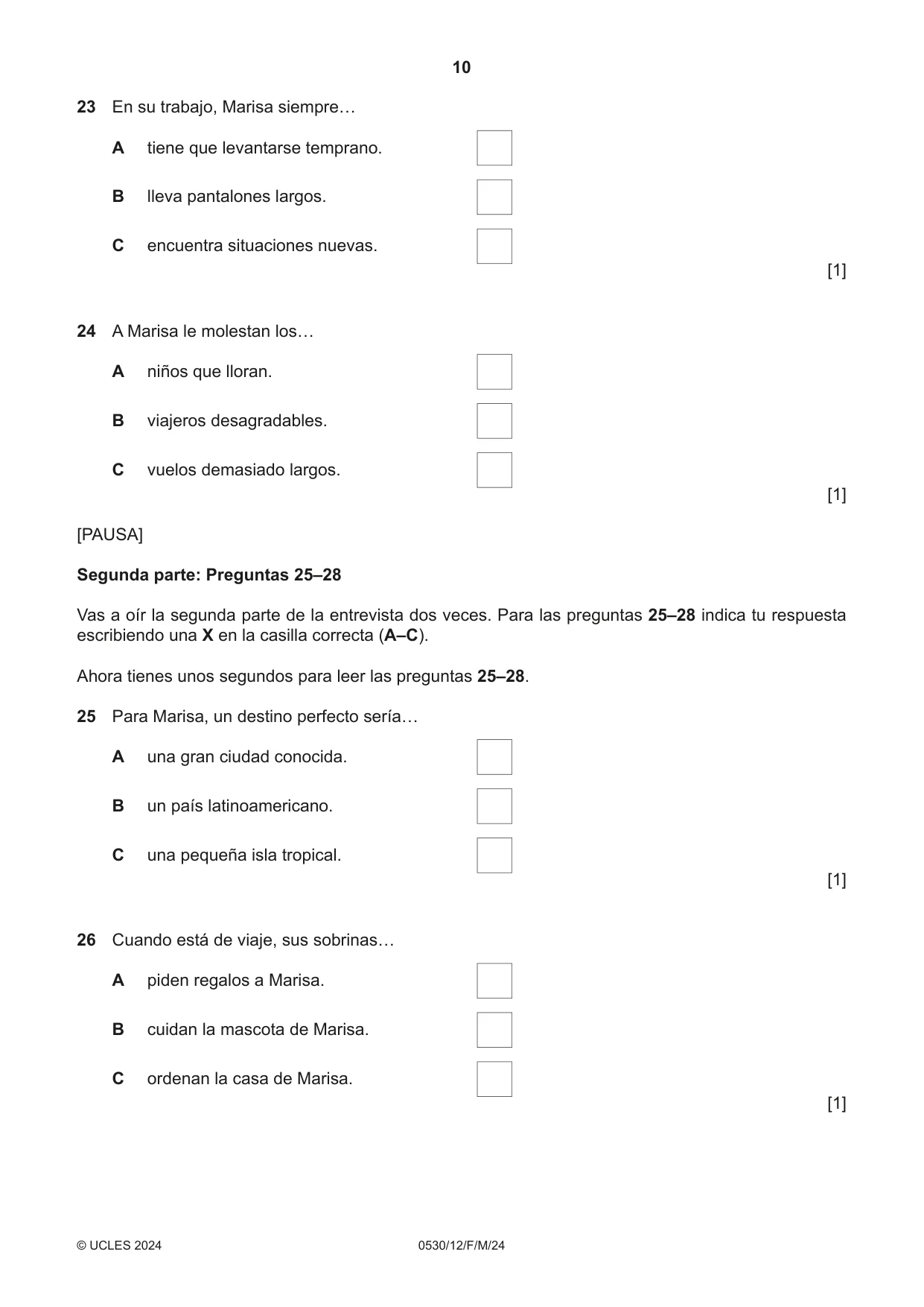 Cambridge IGCSE Spanish - Foreign Language 0530 2024 Feb/March Paper 1 · Variant 2 question paper, page 10 of 16