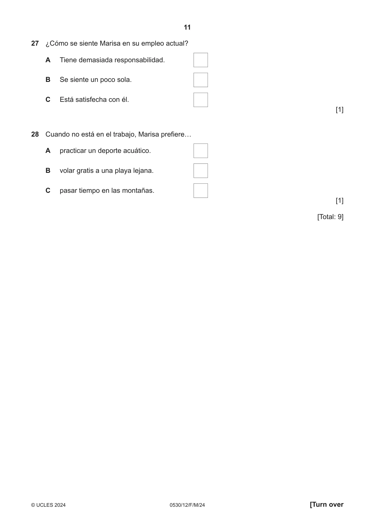 Cambridge IGCSE Spanish - Foreign Language 0530 2024 Feb/March Paper 1 · Variant 2 question paper, page 11 of 16